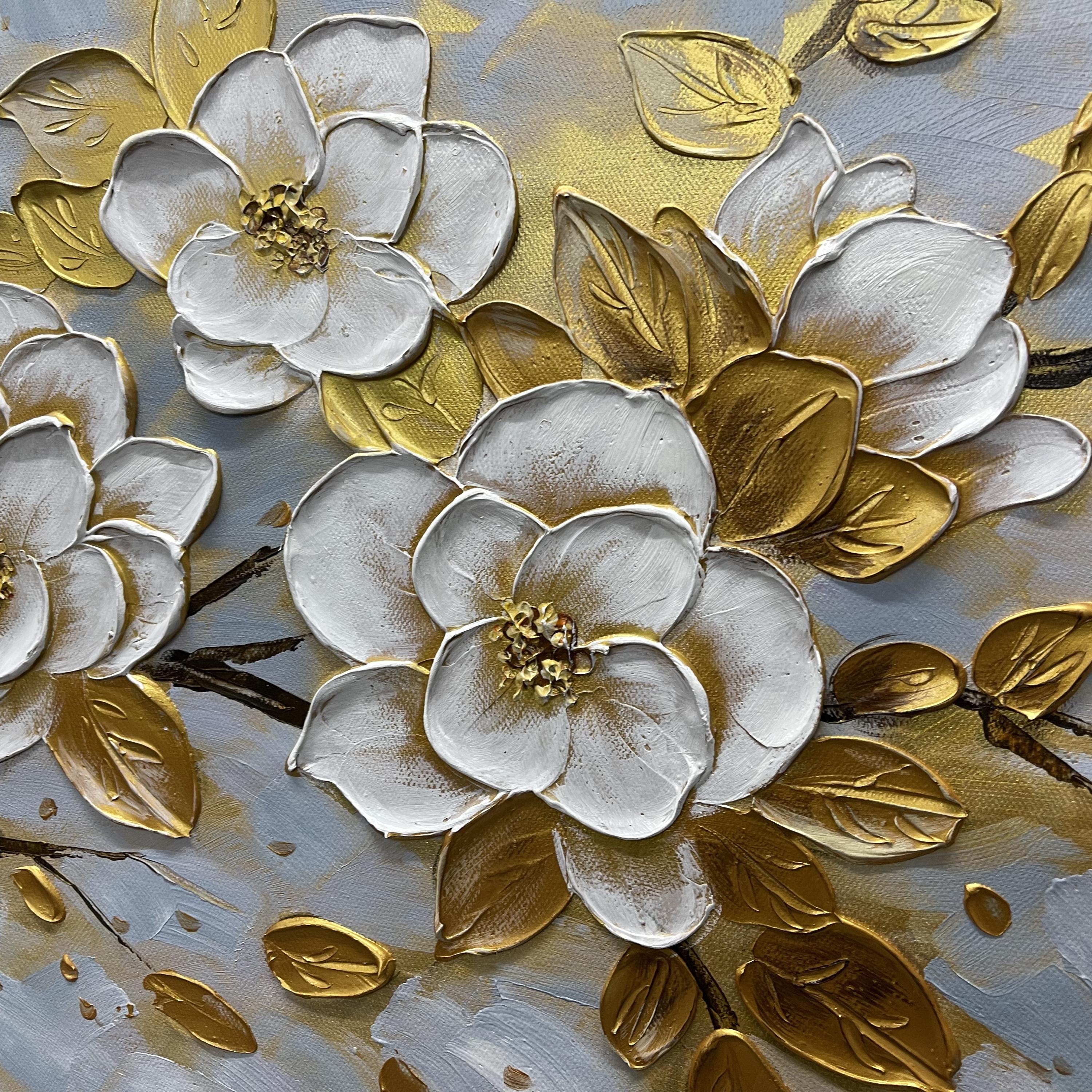 Golden Bloom – Luxury Gold Foil White Flower 3D Relief Floral Painting | Modern Luxury Botanical Bedroom & Living Room Art