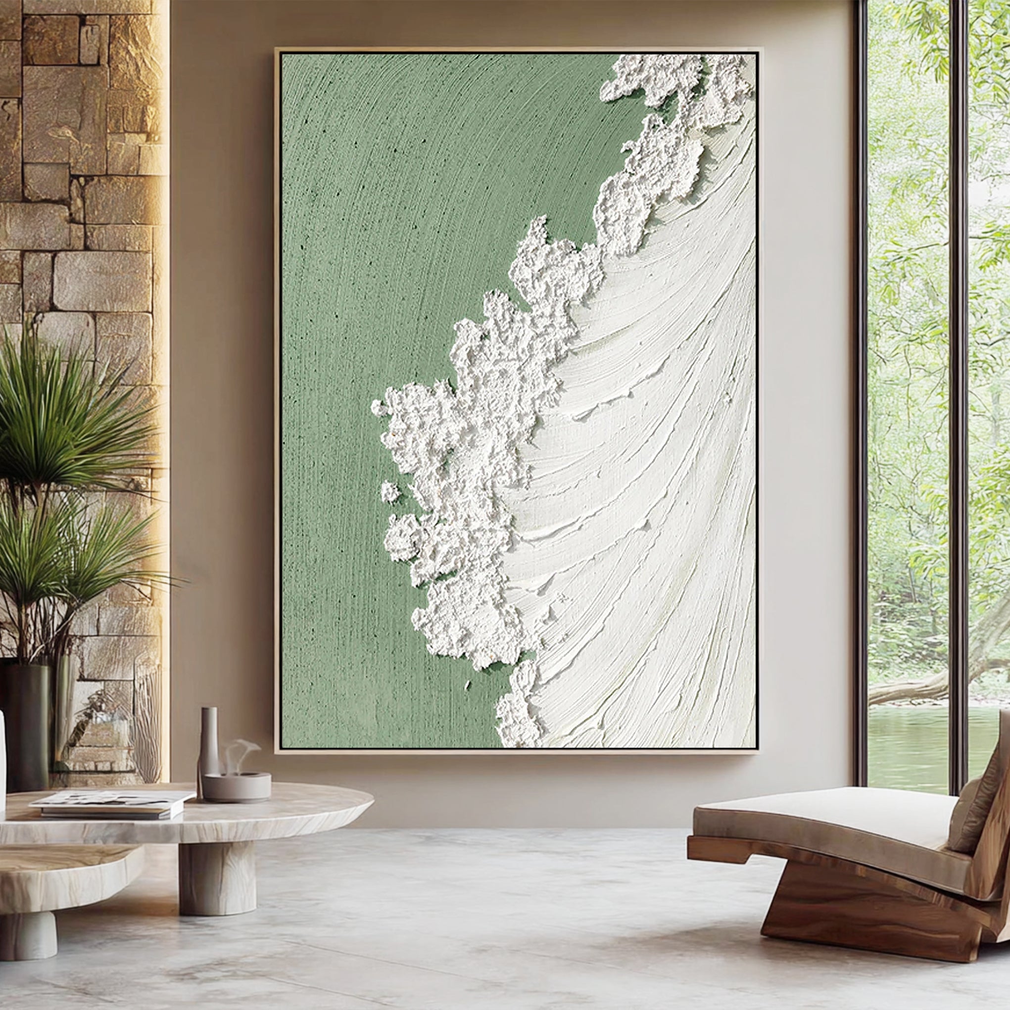 Sage Foam – Heavy Texture Ocean Wave Painting | Wabi-sabi Sage Green Abstract Hallway Art