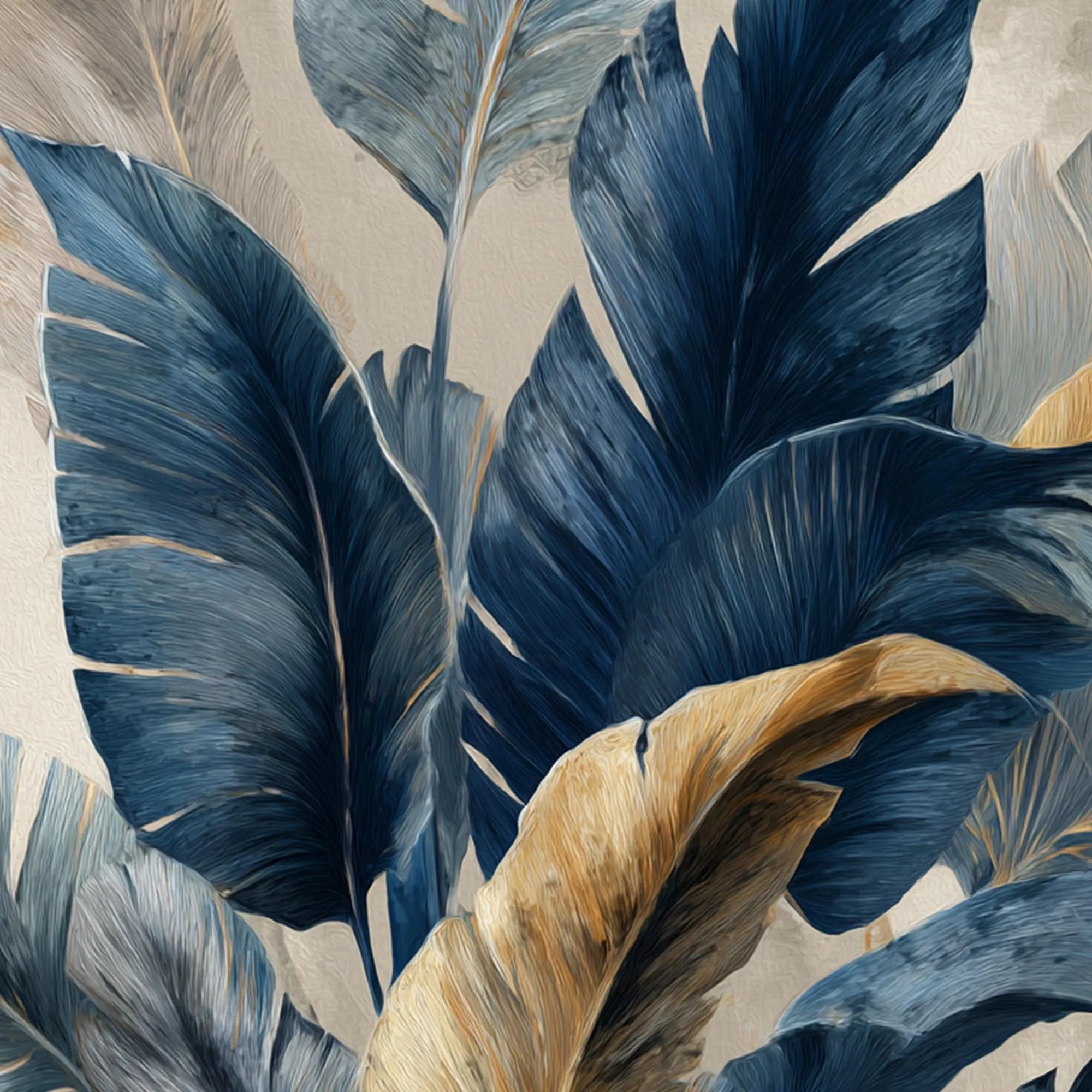 Midnight Jungle – Hand-Painted Navy Blue and Gold Foil Banana Leaf Floral Painting | Modern Luxury Botanical Bedroom & Living Room Art
