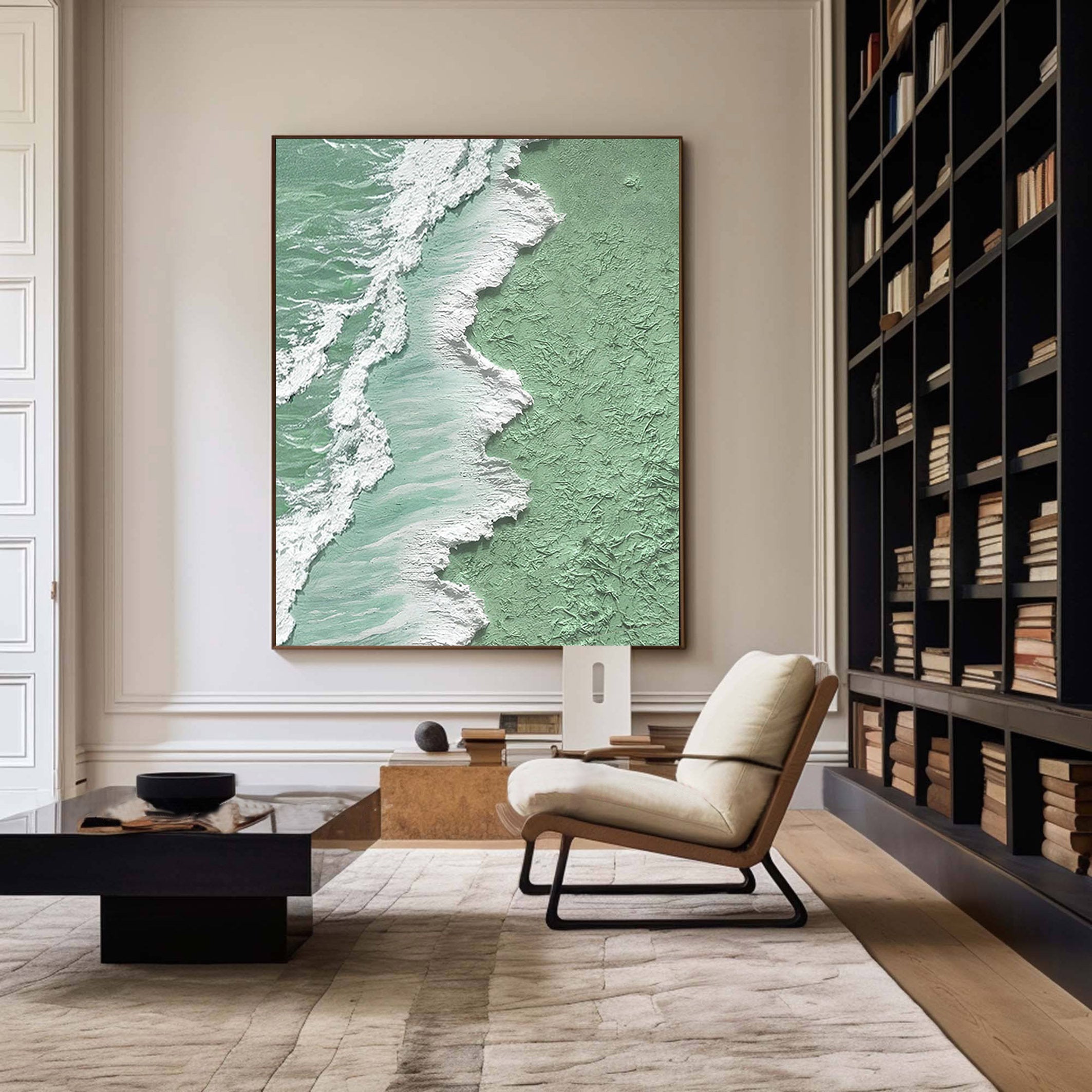 Oxygen Shore – Modern Textured Painting | Creative Wabi-Sabi Mint Green Sea Wave Entryway Art