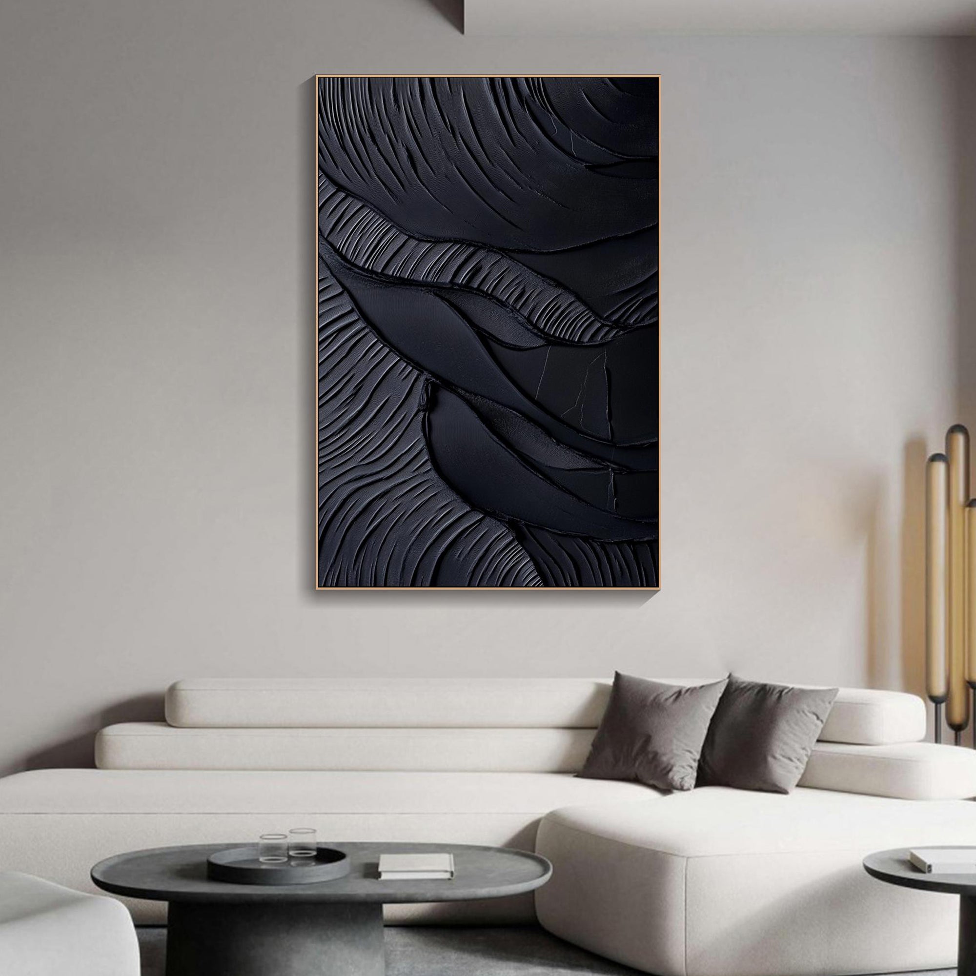 Obsidian Waves – Hand-Painted Pure Black Plaster Effect 3D Relief Wabi-Sabi Painting | Modern Noir Wabi-Sabi Living Room & Home Office Art