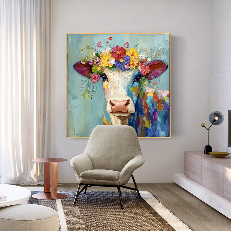 Floral Heifer – Vibrant Expressionist Cow with Floral Crown Painting | Modern Farmhouse Hallway Art