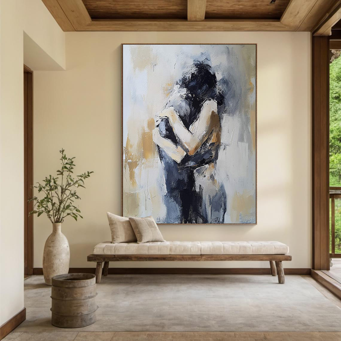 Silent Embrace – Heavy Texture Couple Silhouette Portrait Painting | Contemporary Expressionist Living Room & Office Art