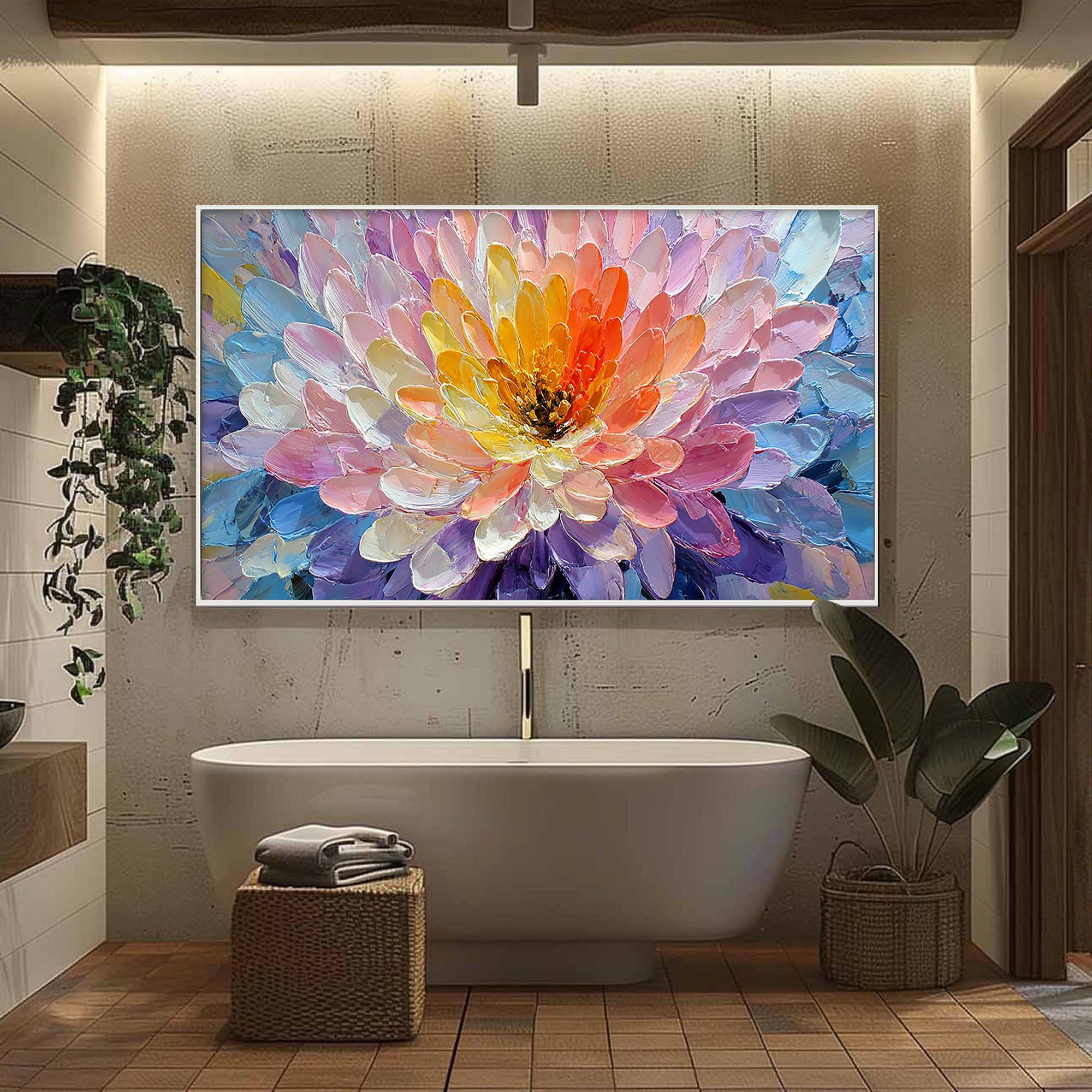 Vivid Bloom – Modern Rainbow Petal Relief Floral Painting | Vibrant Botanical Living Room & Dining Room Art