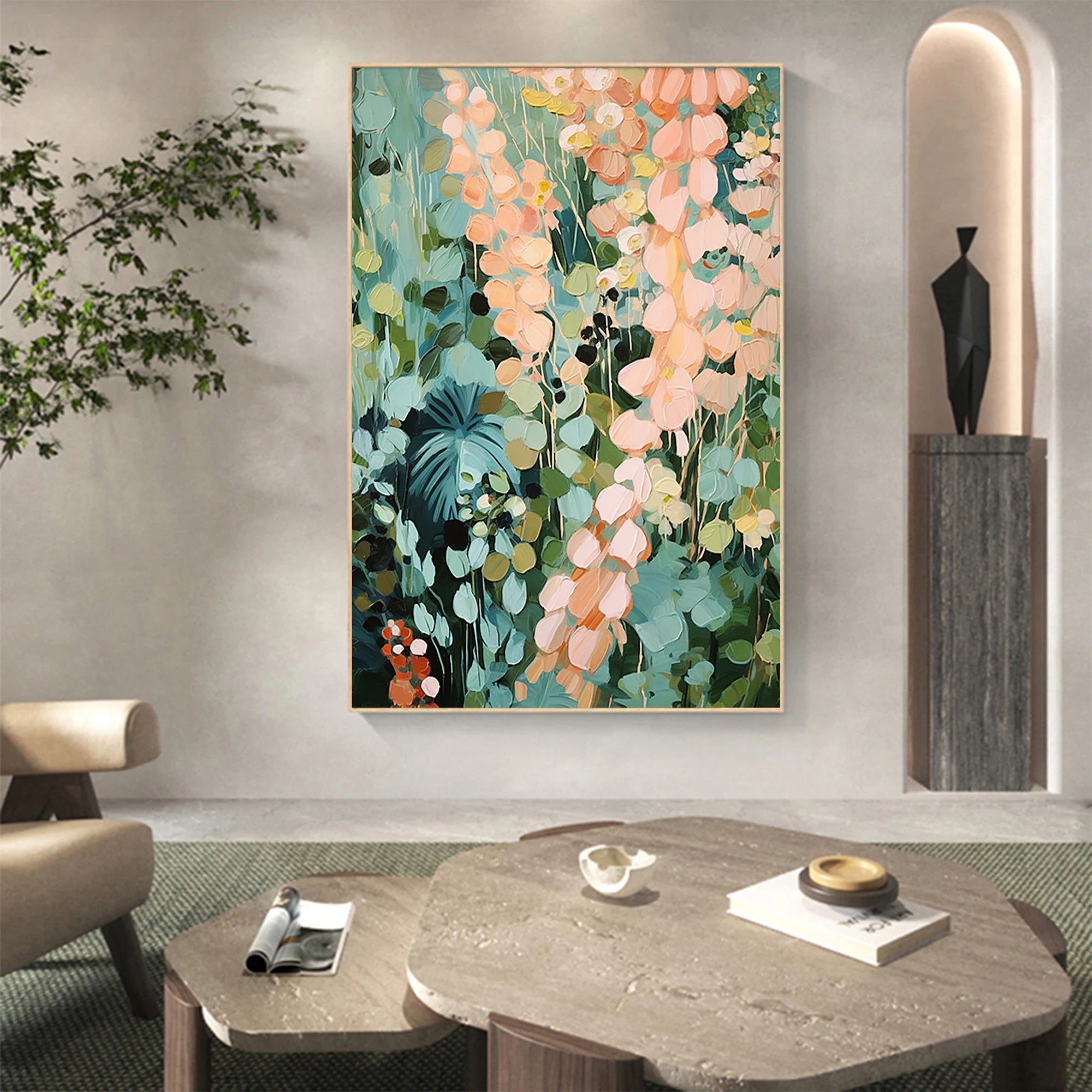 Jungle Bloom – Hand-Painted Deep Green and Apricot Flower Palette Knife Floral Painting | Tropical Botanical Bedroom & Dining Room Art