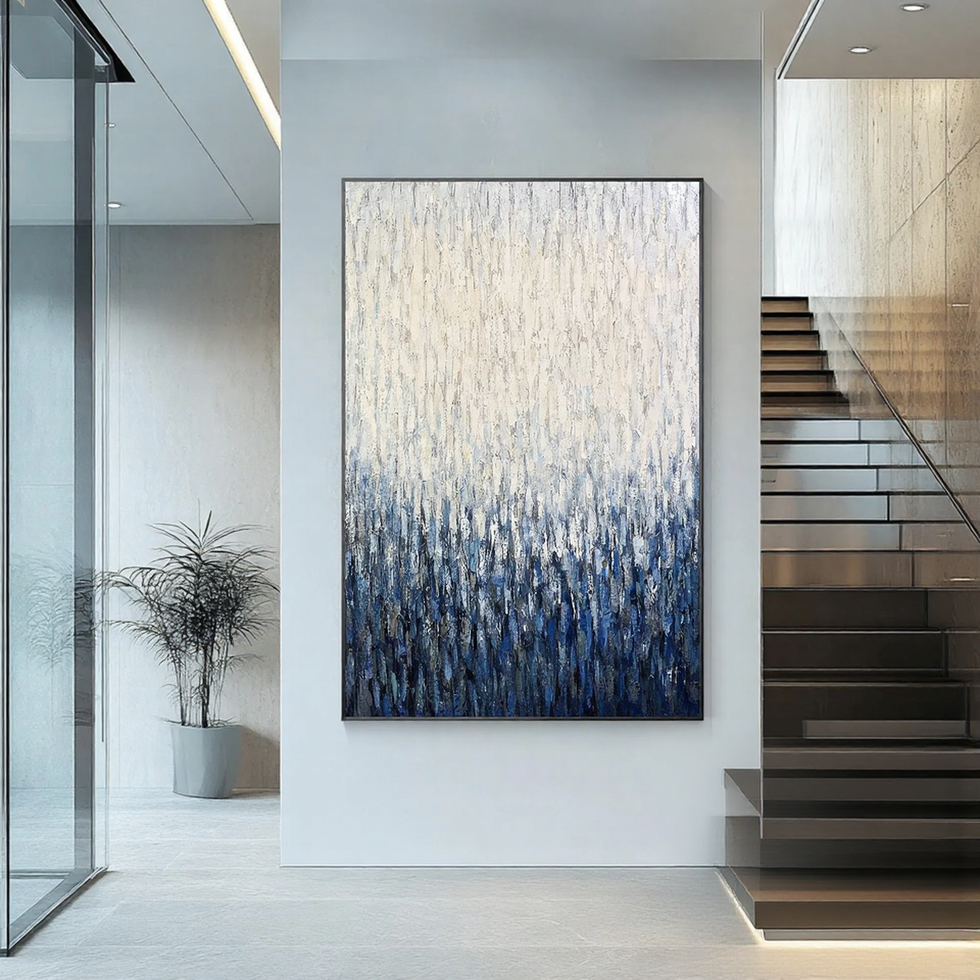 Azure Rain – 3D Heavy Texture Blue & White Pointillism Relief Abstract Painting | Modern Abstract Living Room & Office Art