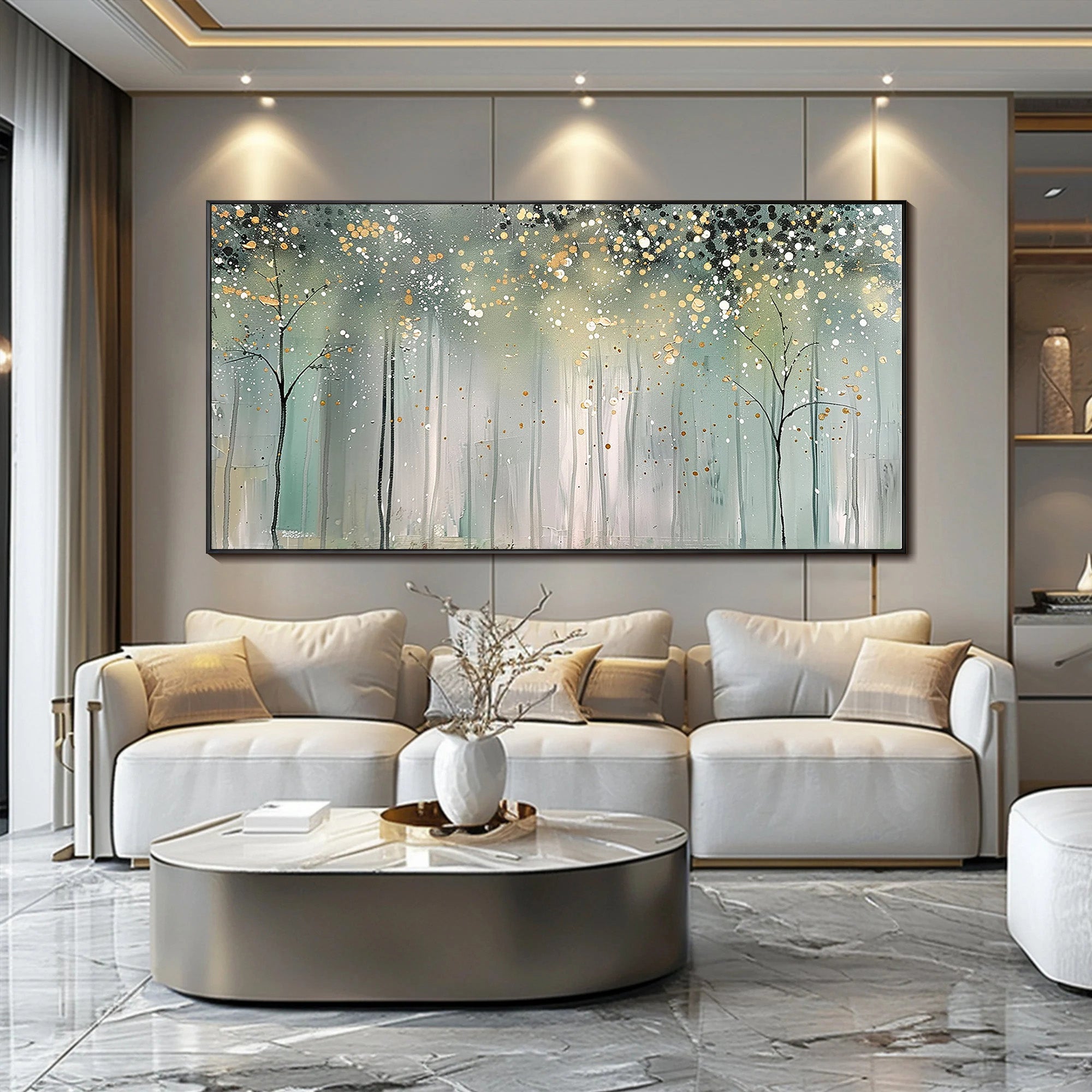 Stardust Forest – Hand-Painted Abstract Gold Pointilism Forest Scene Landscape Painting | Contemporary Landscape Living Room & Dining Room Art