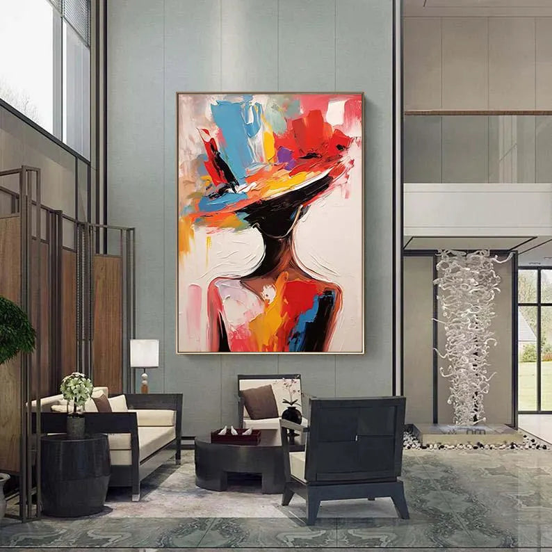 VIVID RADIANCE: Abstract Expressionist Lady in Hat, Bold Palette Knife Portrait Art