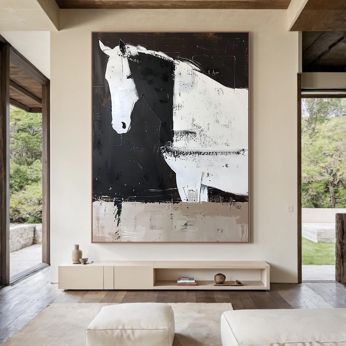 Silent Solitude – Modern Minimalist Black and White Horse Painting | Contemporary Textured Living Room Art