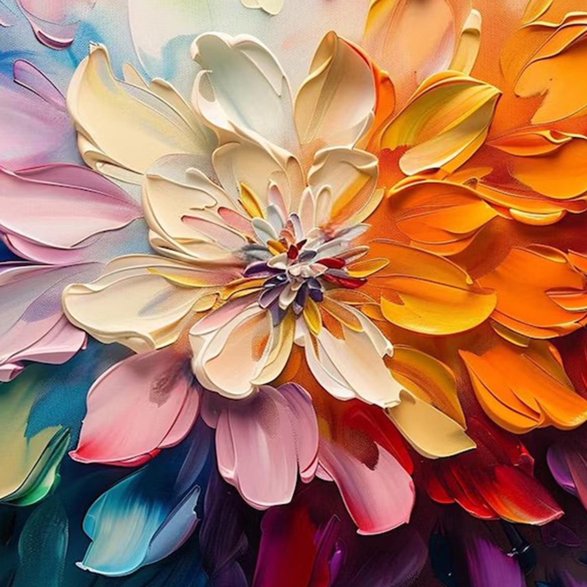 Spectrum Bloom – Hand-Painted Multicolored 3D Impasto Flower Heavy Texture Oil Floral Painting | Vibrant Botanical Living Room & Dining Room Art