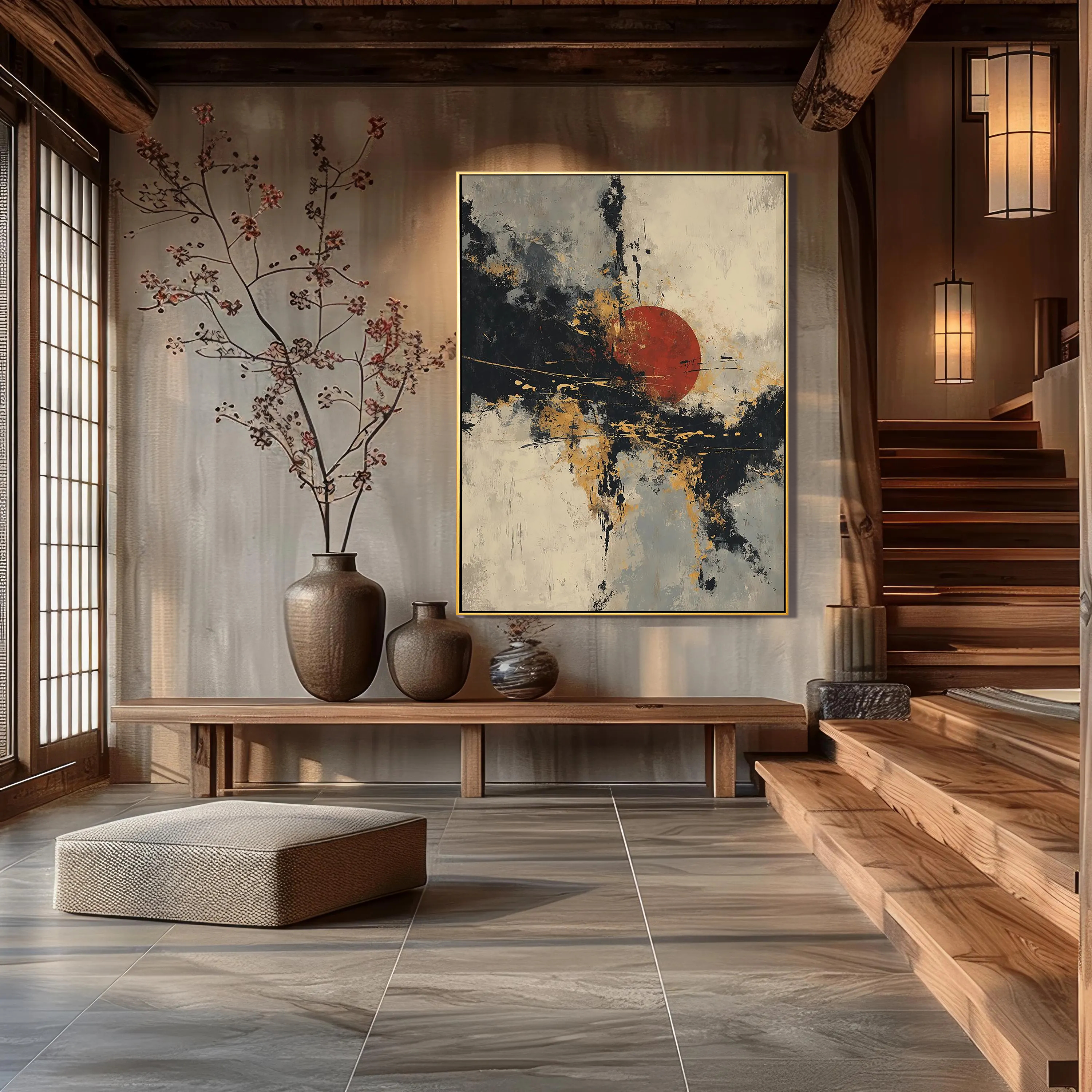 Zen Rising – Red Sun & Golden Texture Oil Abstract Painting | Modern Abstract Living Room & Office Art