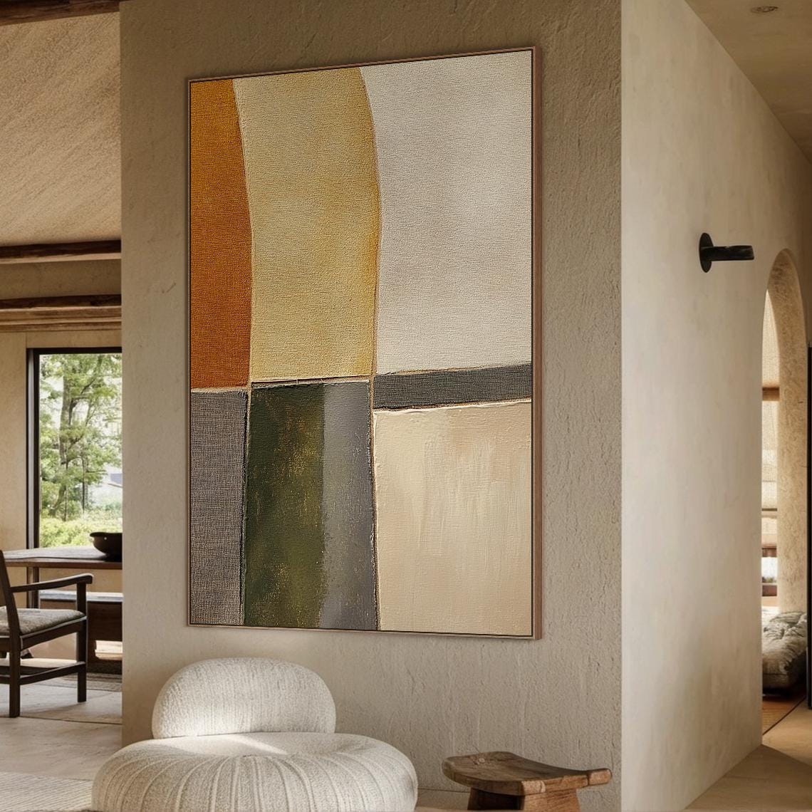 MID-CENTURY BLOCKS: Minimalist Wall Art, Hand-Painted Modern Abstract Ochre and Grey Textured Gallery Art
