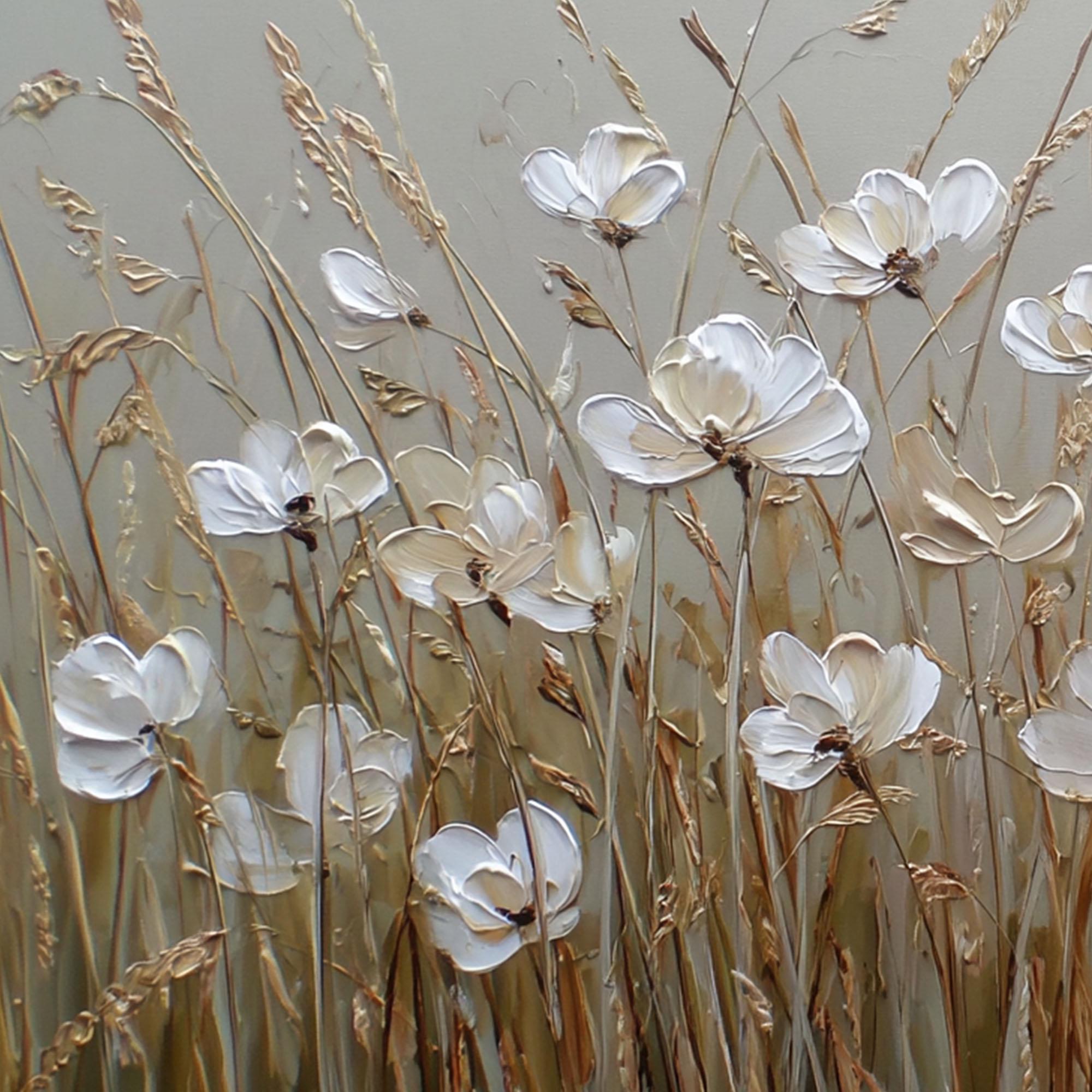 Autumn Whispers – Wabi-Sabi White Floral Earth Tone Impasto Canvas | Minimalist Living Room Wall Art