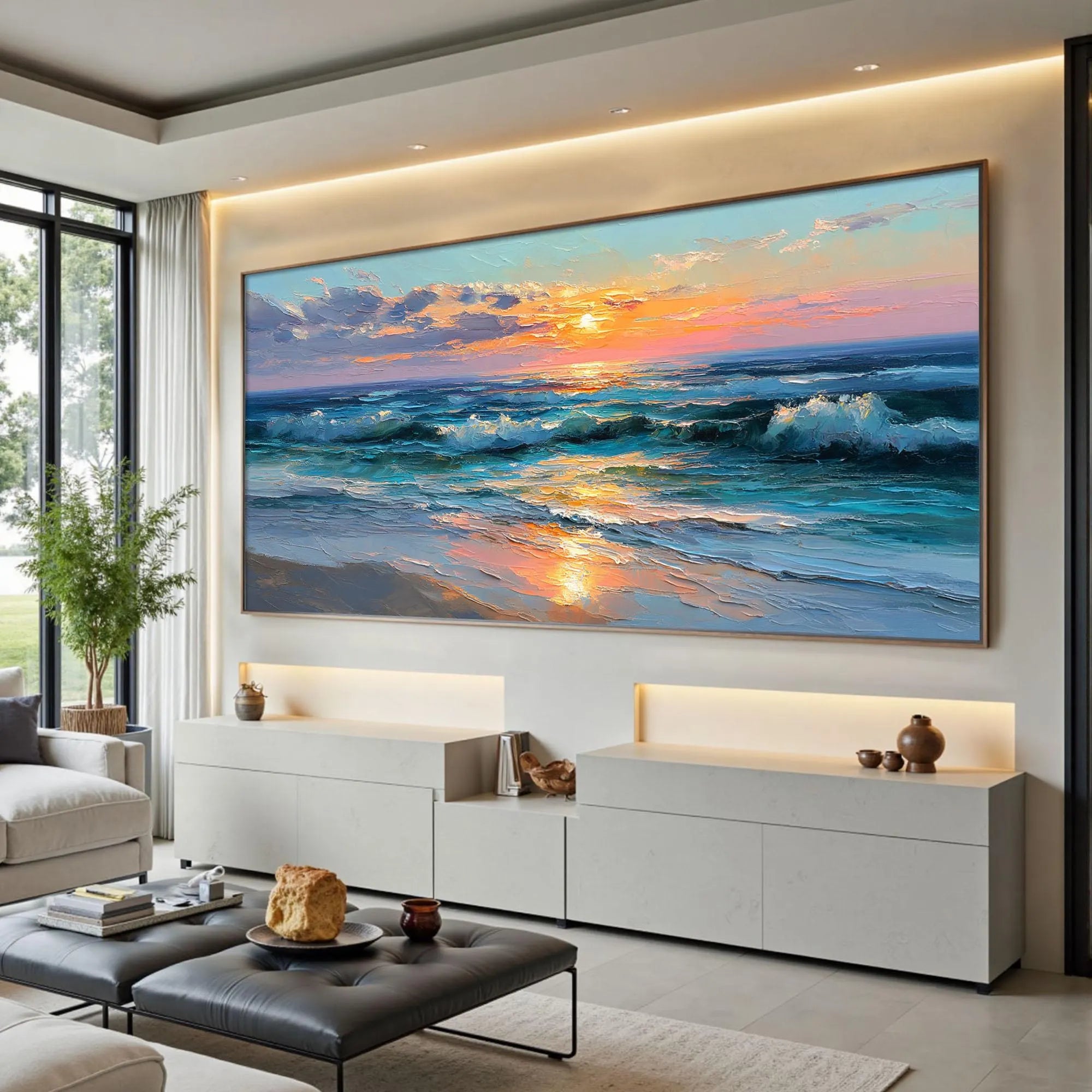 Sunset Tide – Modern Coastal Sunset Texture Painting | Contemporary Landscape Living Room & Dining Room Art
