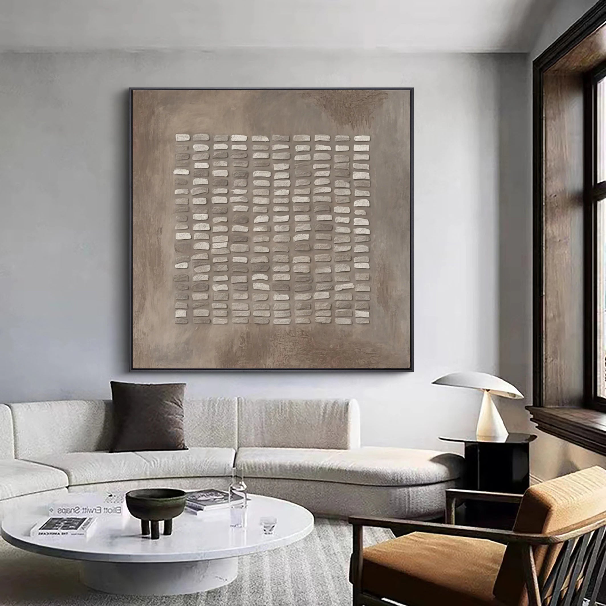 Zen Lattice – Plaster Grid Relief Abstract Wabi-Sabi Painting | Japandi Wabi-Sabi Living Room & Bedroom Art
