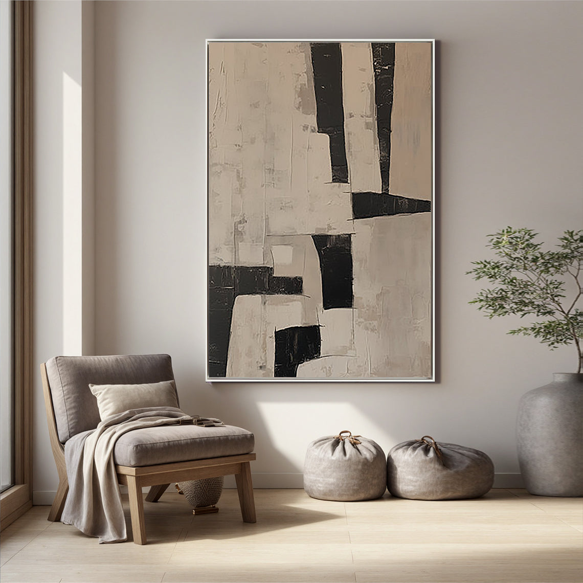 Urban Contour – Hand-Painted Charcoal Grey and Beige Geometric Block Abstract Painting | Industrial Abstract Home Office & Living Room Art