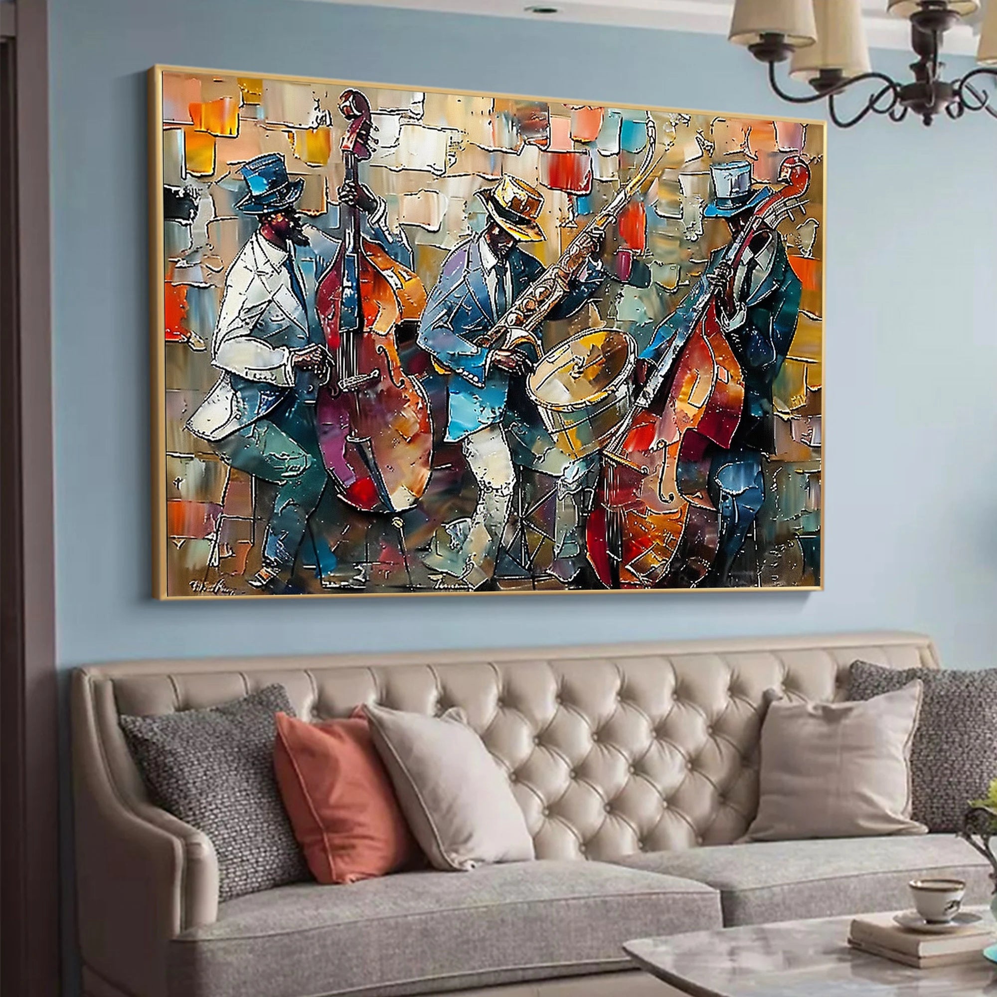 SOULFUL NOTES: People Portrait Wall Art, Hand-Painted Abstract Jazz Bassist Performance Textured Studio Gallery Art