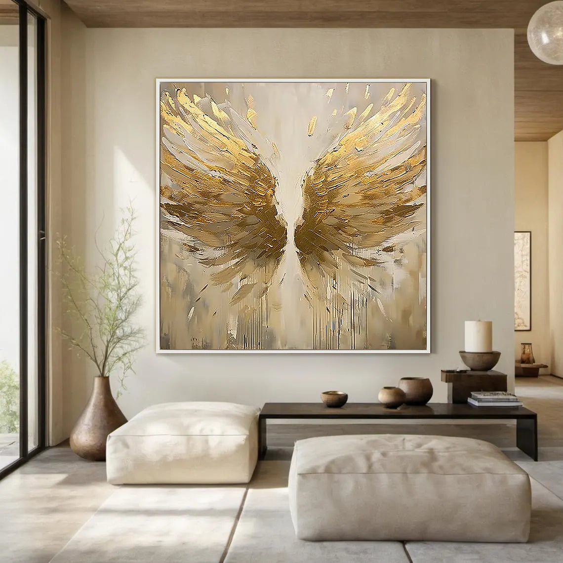 Seraphim Wings – Modern Luxury Gold Impasto Abstract Painting | High-End Textured Hallway Art