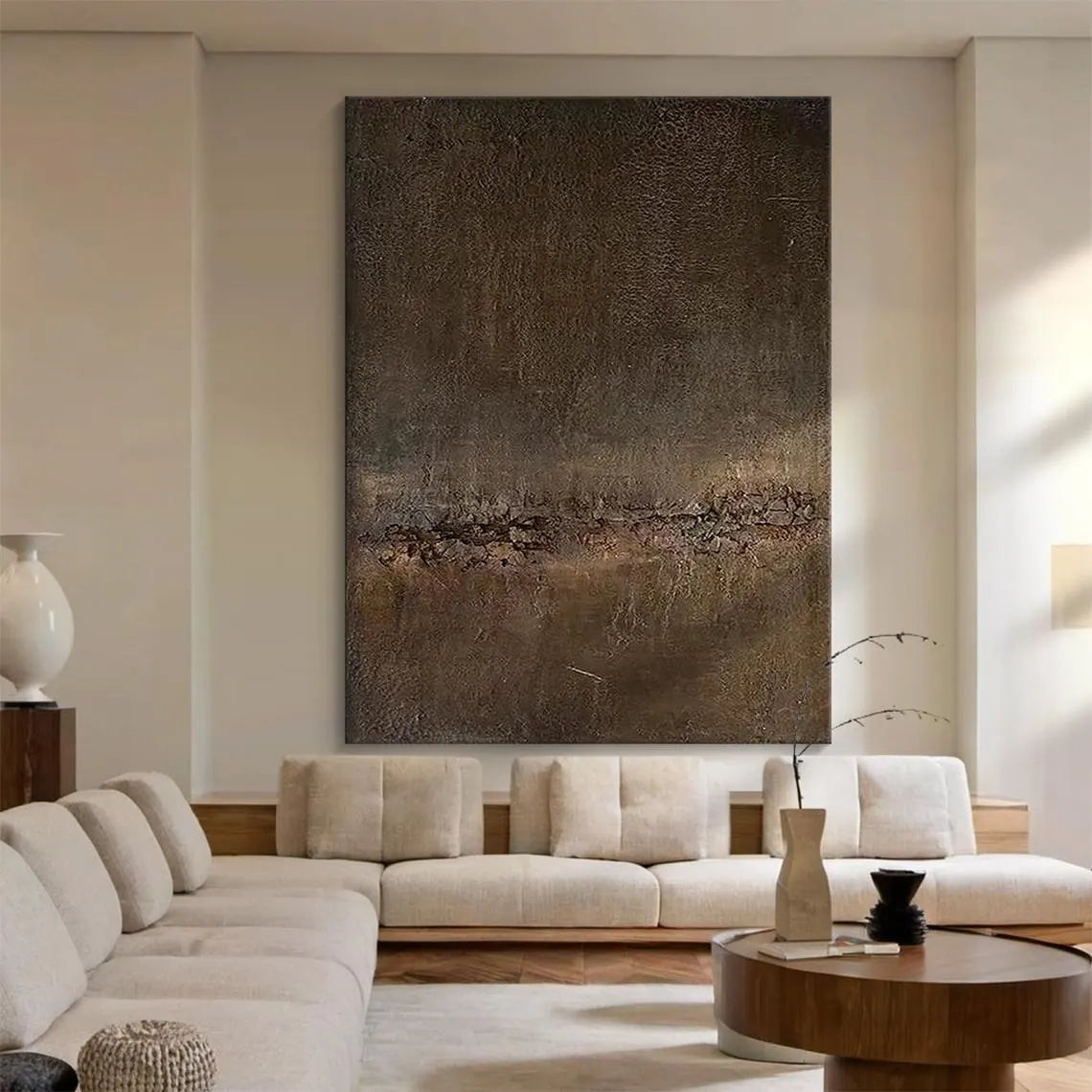 Dark Earth – Minimalist Deep Brown Grained Texture Hand-Painted Abstract Wabi-Sabi Painting | Japandi Wabi-Sabi Living Room & Bedroom Art
