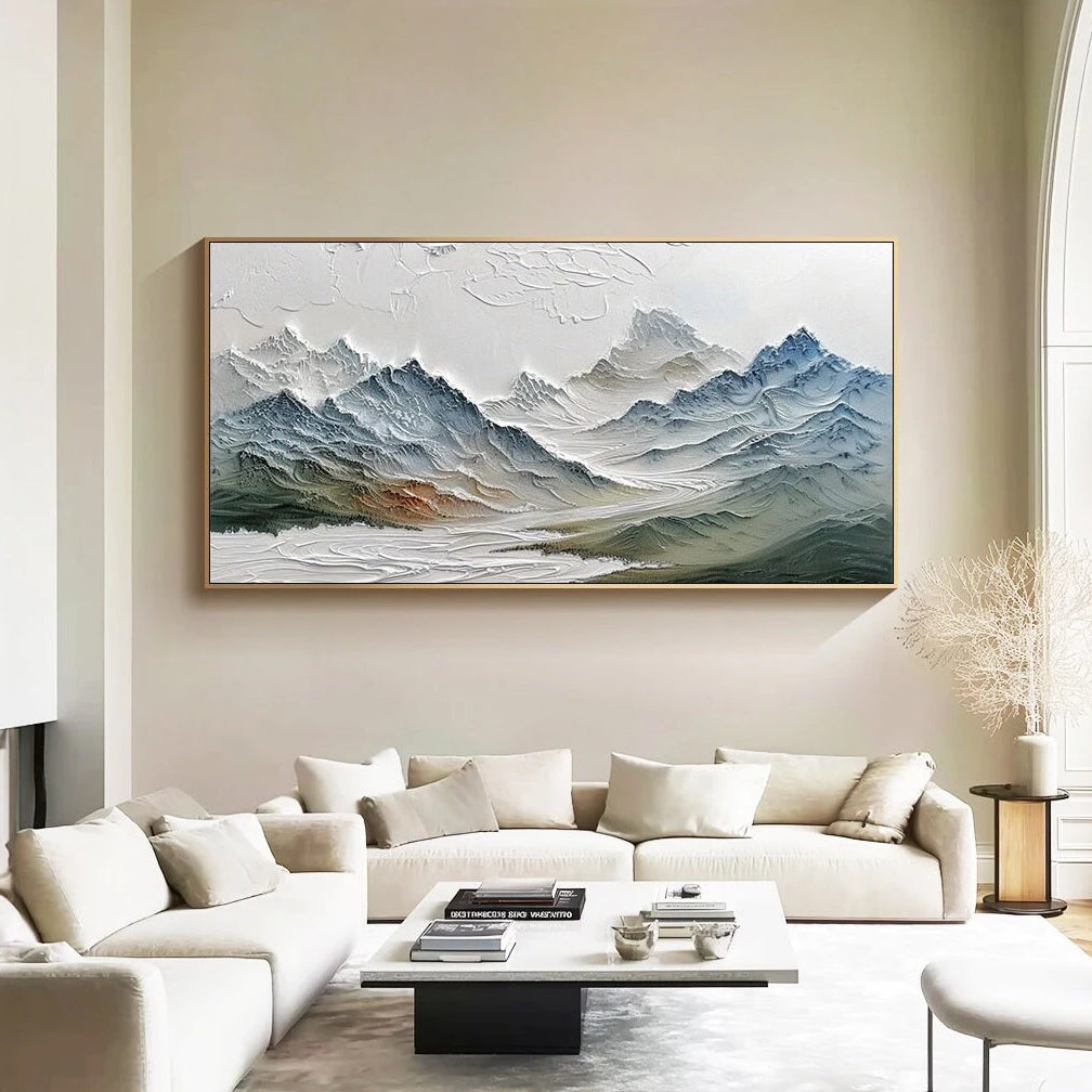 FROSTED PEAKS: Mountain Wall Art, Hand-Painted Blue Alpine Snow Mountain Palette Knife Heavy Texture Canvas Painting