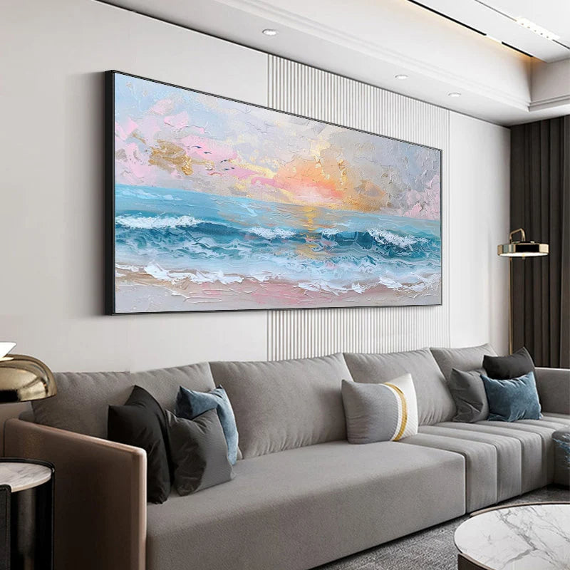 Pastel Sunset – Hand-Painted Sunset Ocean Wave Palette Knife 3D Seascape Painting | Coastal Modern Living Room & Bedroom Art