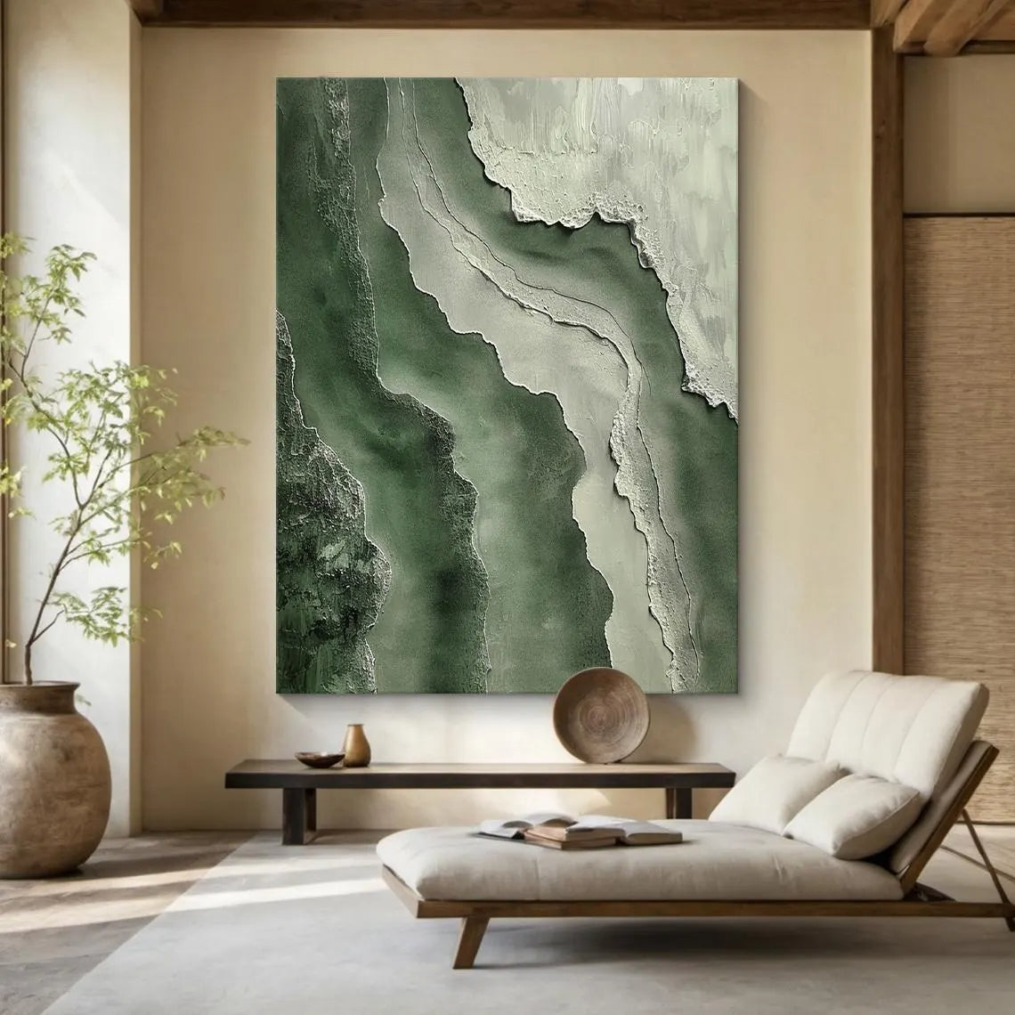 Moss Strata – Hand-Painted Deep Green and Sage Plaster Effect Wave Texture Painting | Organic Contemporary Texture Living Room & Bedroom Art