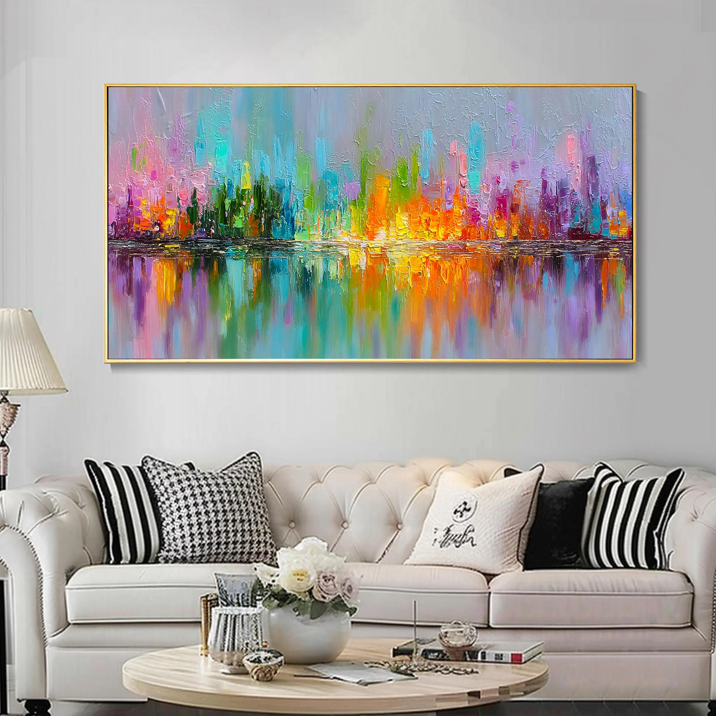 Spectrum Reflection – Hand-Painted Rainbow Palette Knife 3D Heavy Texture Abstract Colorful Painting | Bold Abstract Palette Knife Living Room Art