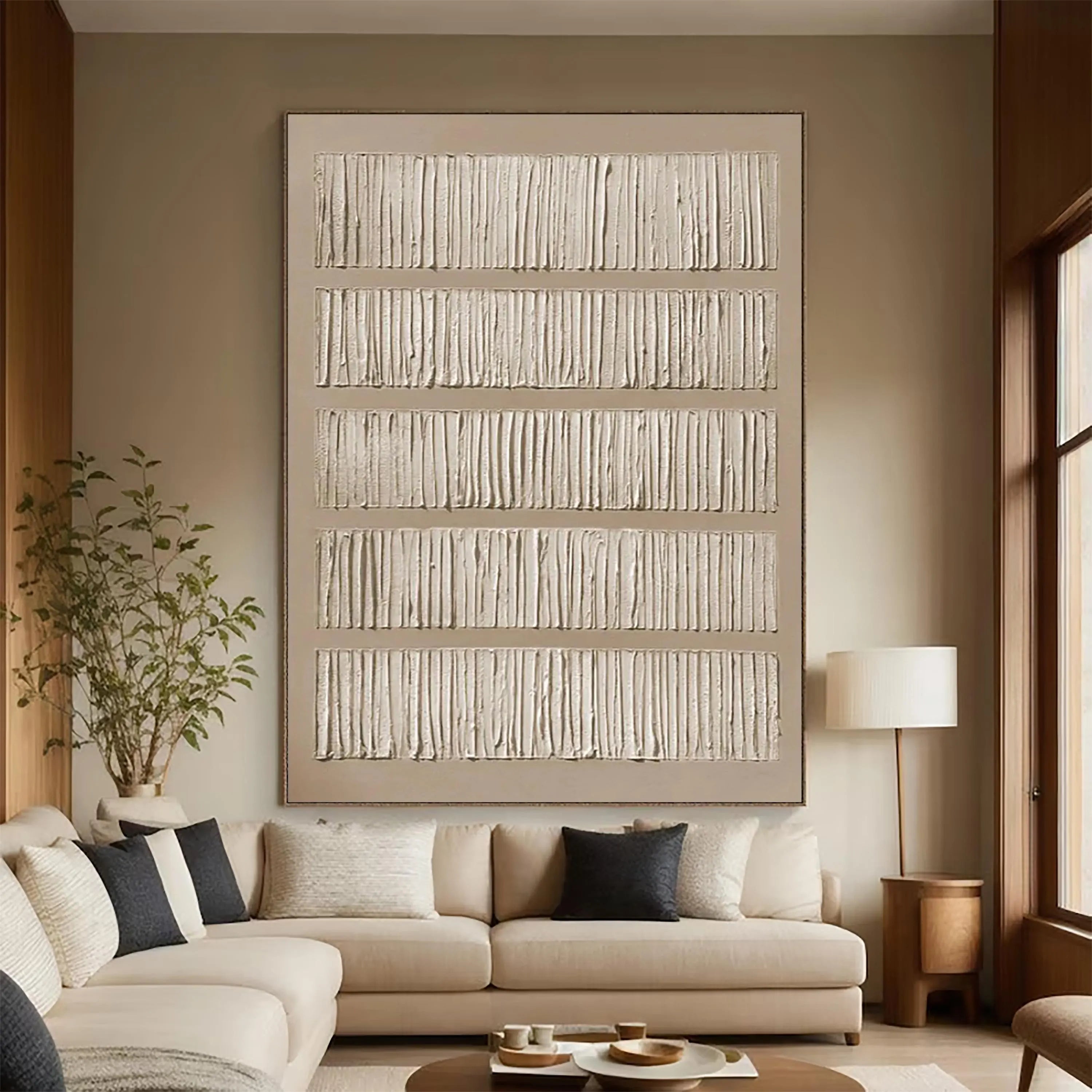 Linear Rhythm – Hand-Painted Neutral Tone Line Plaster Relief Texture Painting | Japandi Organic Texture Living Room & Bedroom Art