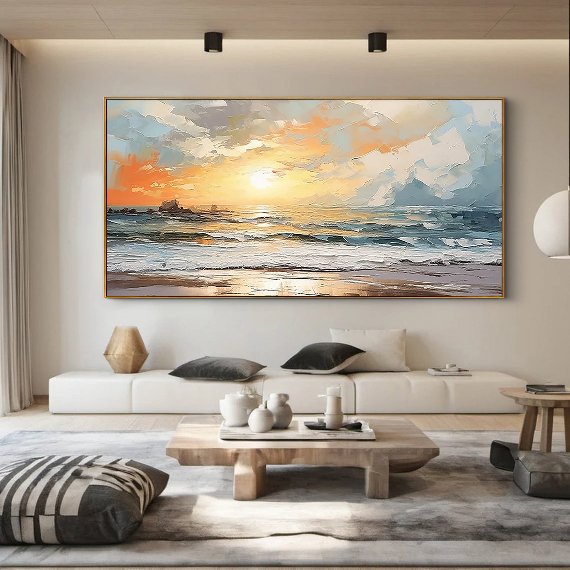Sunset Glow – Impressionist Sea Sunset Scenery Hand-Painted Textured Landscape Oil Ocean Painting | Coastal Modern Living Room & Bedroom Art