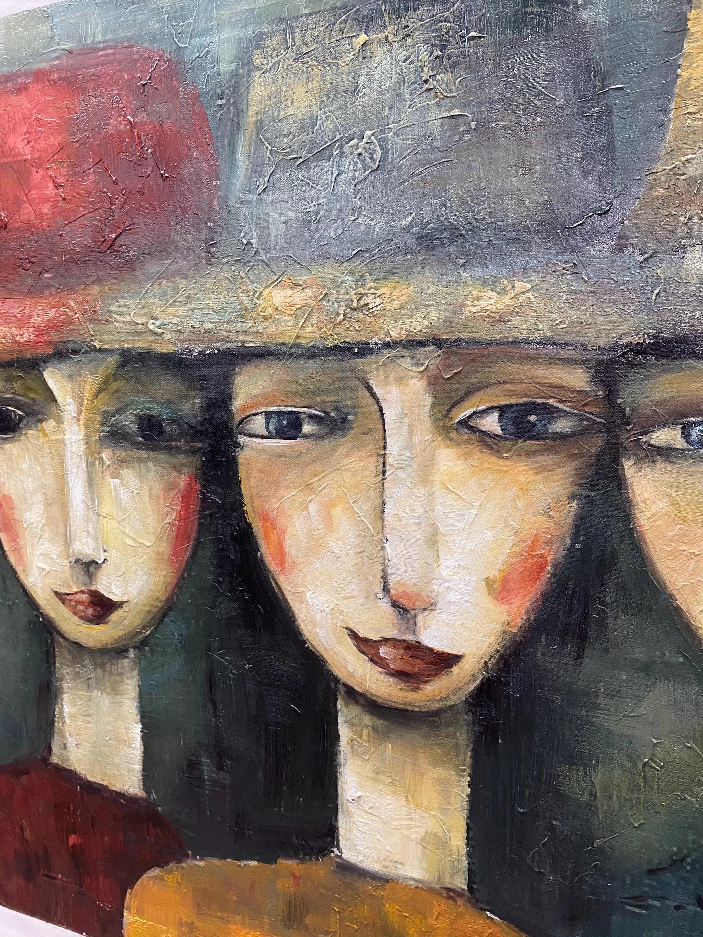 Sisterhood Chic – Hand-Painted Abstract Women with Hats Expressionist Portrait Painting | Contemporary Expressionist Living Room & Office Art