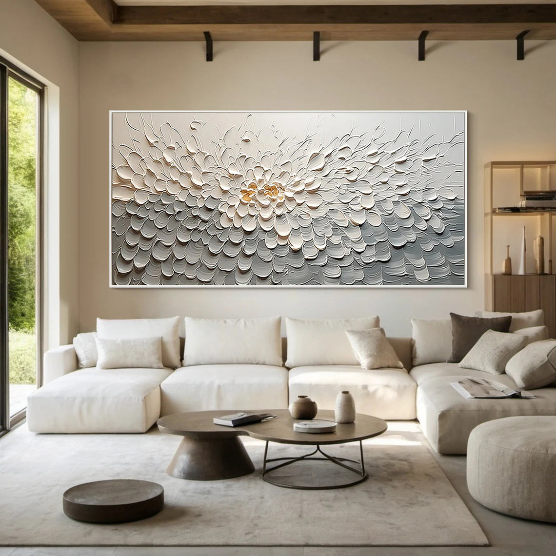 Snow Blossom – Neutral Plaster Relief Floral Painting | Soft Organic Botanical Bedroom & Living Room Art