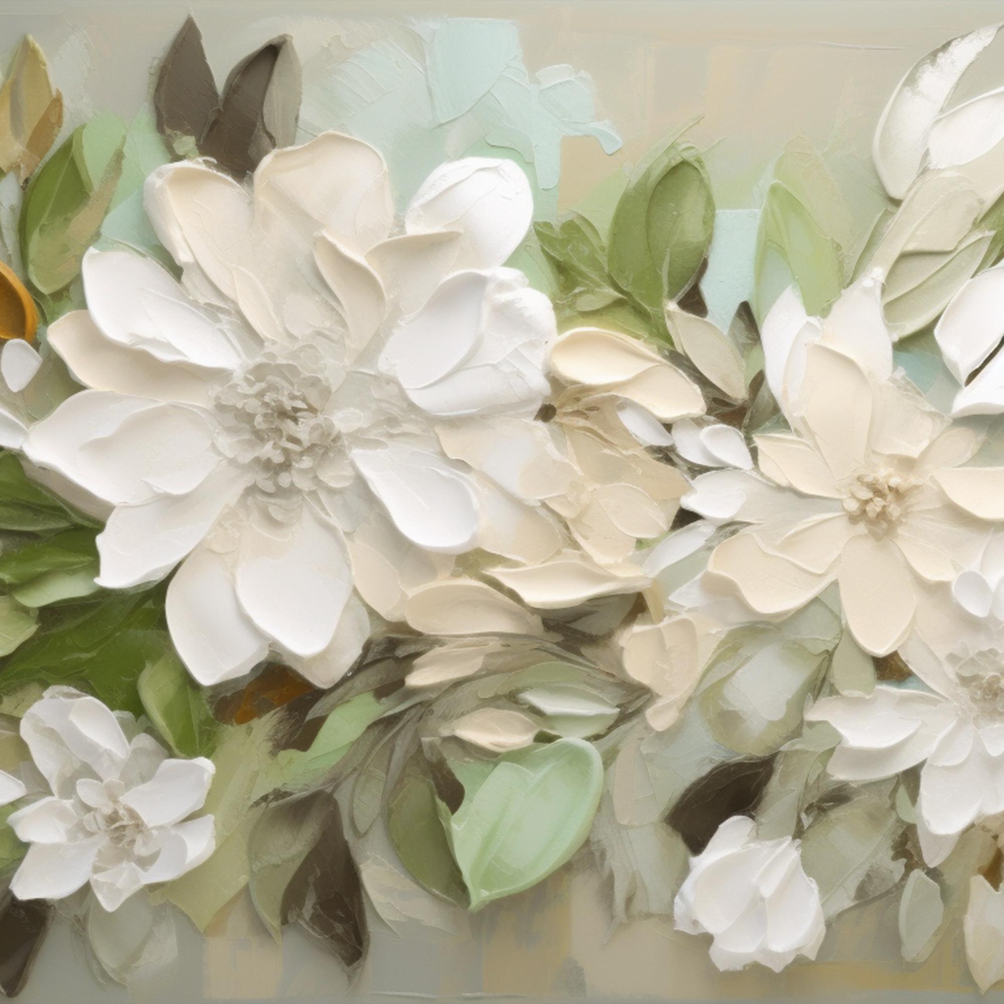 Magnolia Mist – Hand-Painted Sage Green and Off-White 3D Impasto Plaster Relief Floral Painting | Tropical Botanical Bedroom & Dining Room Art