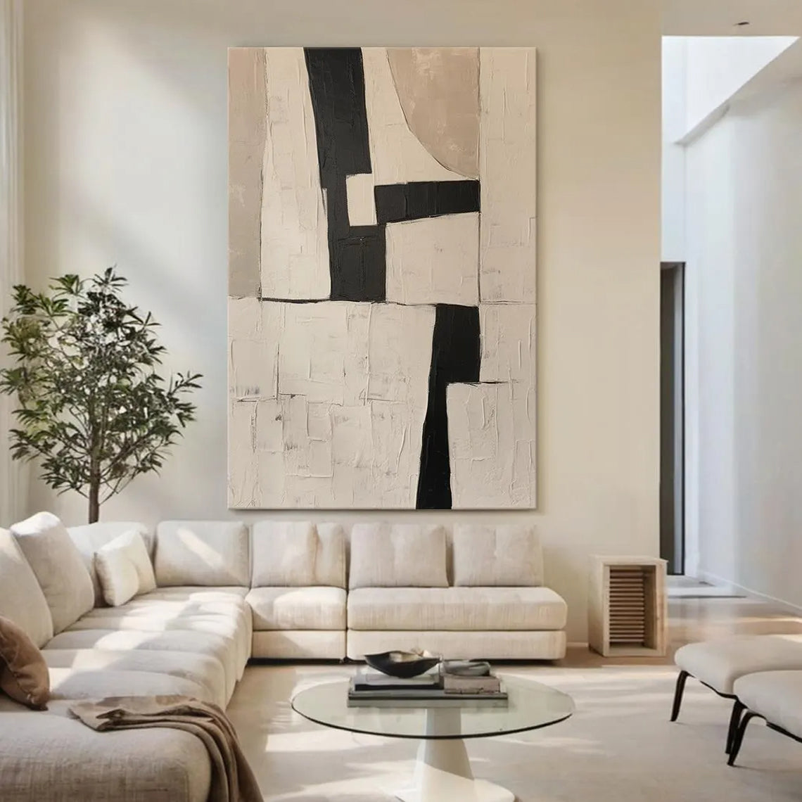 Monolith Trace – Hand-Painted Black and Beige Plaster Relief Wabi-Sabi Painting | Japandi Organic Wabi-Sabi Living Room & Hallway Art