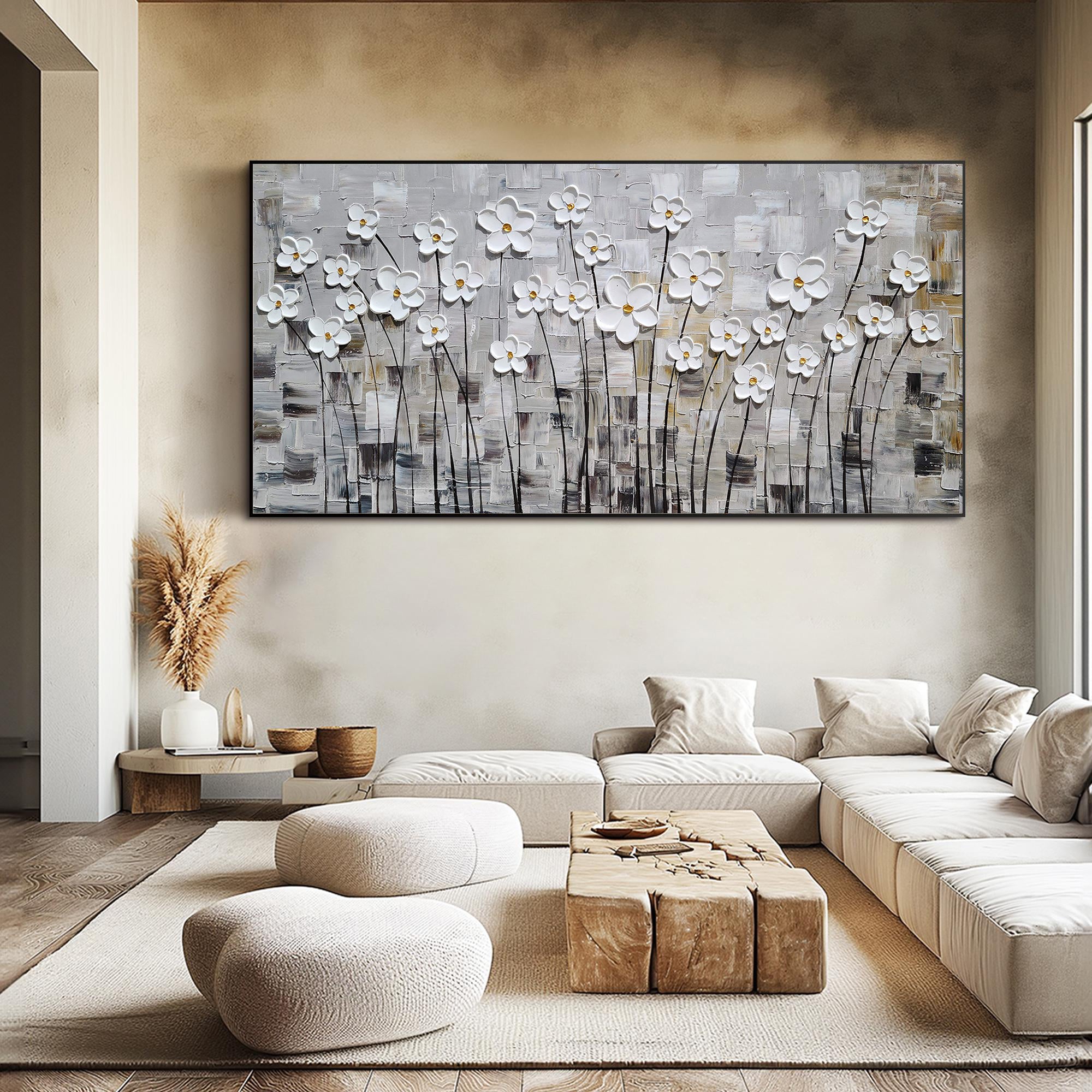 Modern Meadow – White Daisy Grid Relief Impasto Floral Painting | Contemporary Botanical Bedroom & Living Room Art