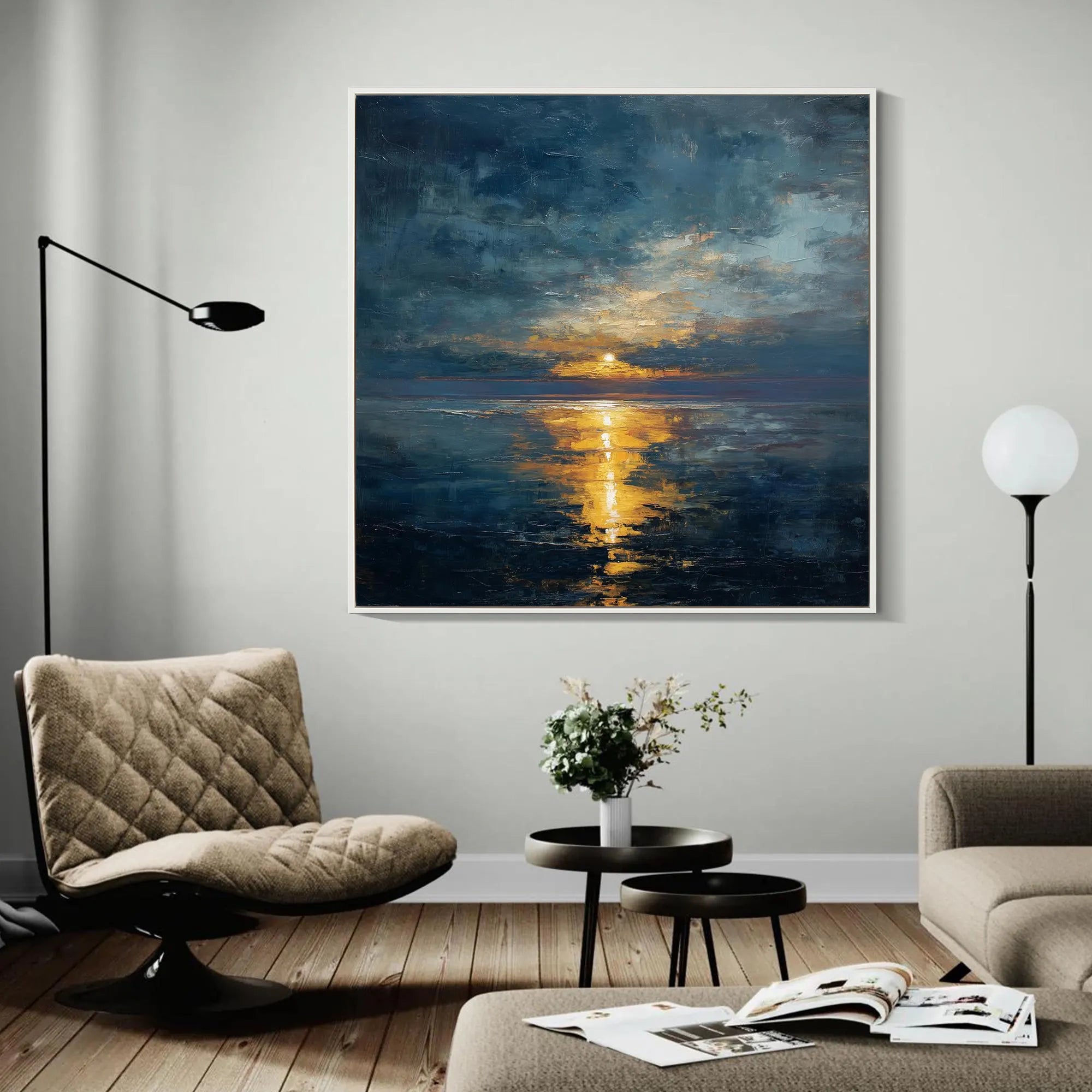 Eternal Shore – Moody Cloud & Golden Sun Impasto Texture Painting | Modern Luxury Metallic Living Room & Hotel Art