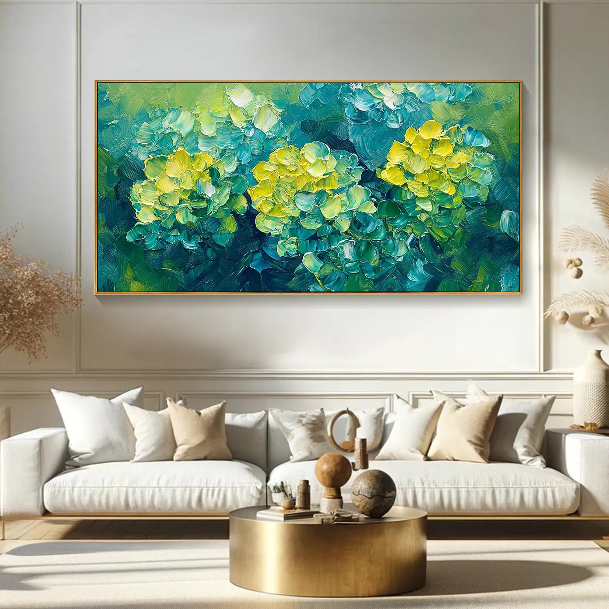 Emerald Bloom – Vibrant Floral Palette Knife Texture Painting | Vibrant Botanical Living Room & Dining Room Art