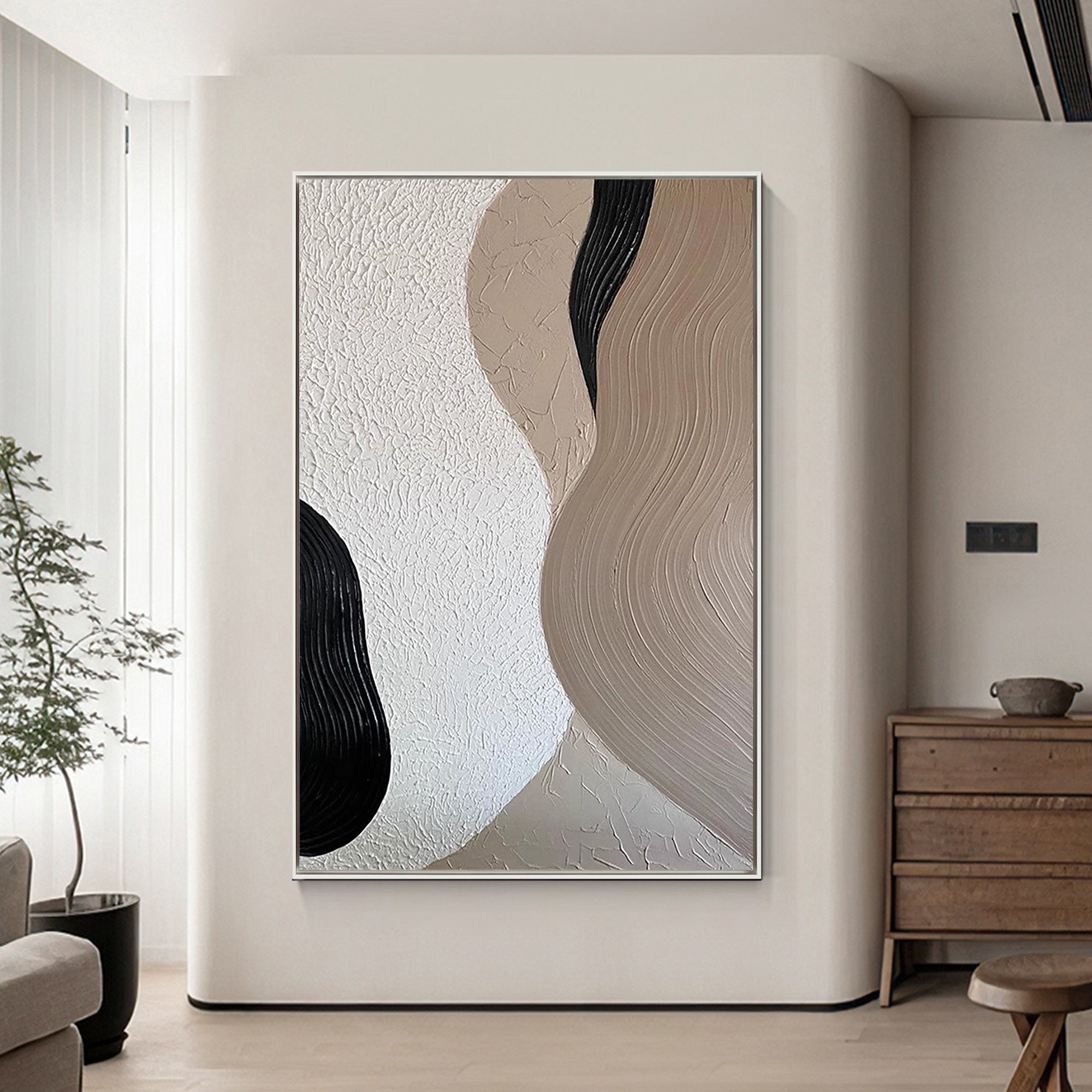 Earthen Flow – Neutral Sand & Espresso Plaster Relief Abstract Painting | Japandi Organic Wabi-Sabi Living Room & Hallway Art