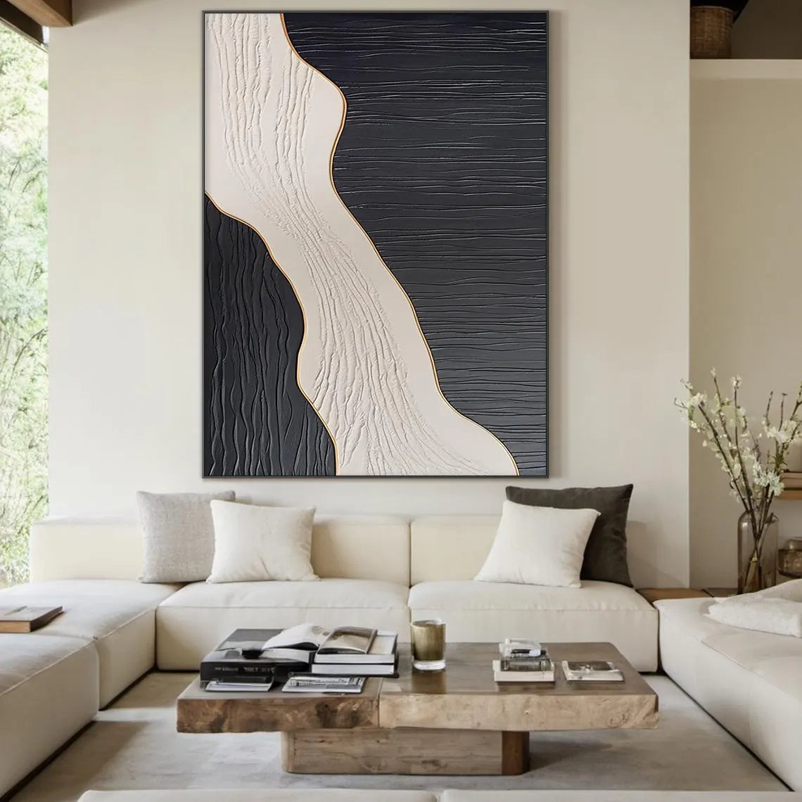 MONOCHROME PULSE: Wabi-sabi Linear Texture Art, Heavy Impasto Black & White Sculptural Painting
