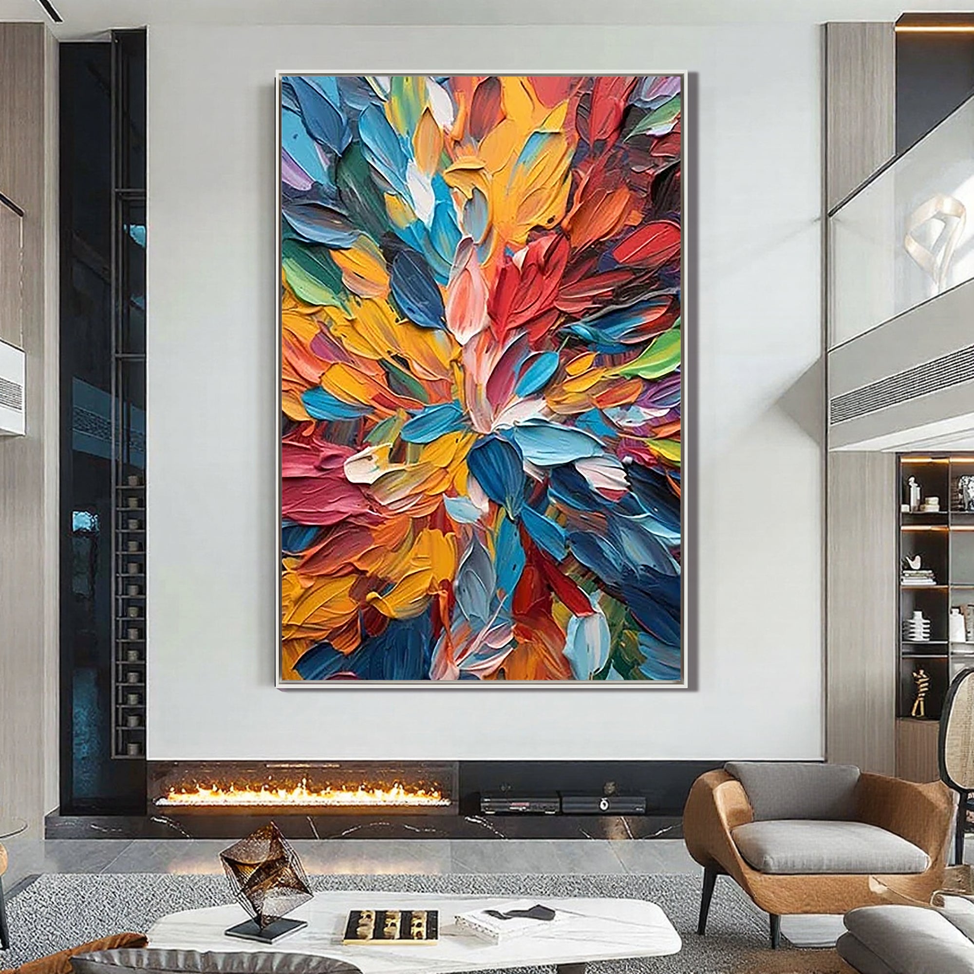 Chroma Burst – Hand-Painted Vibrant Rainbow Palette Knife 3D Floral Painting | Vibrant Botanical Living Room & Dining Room Art