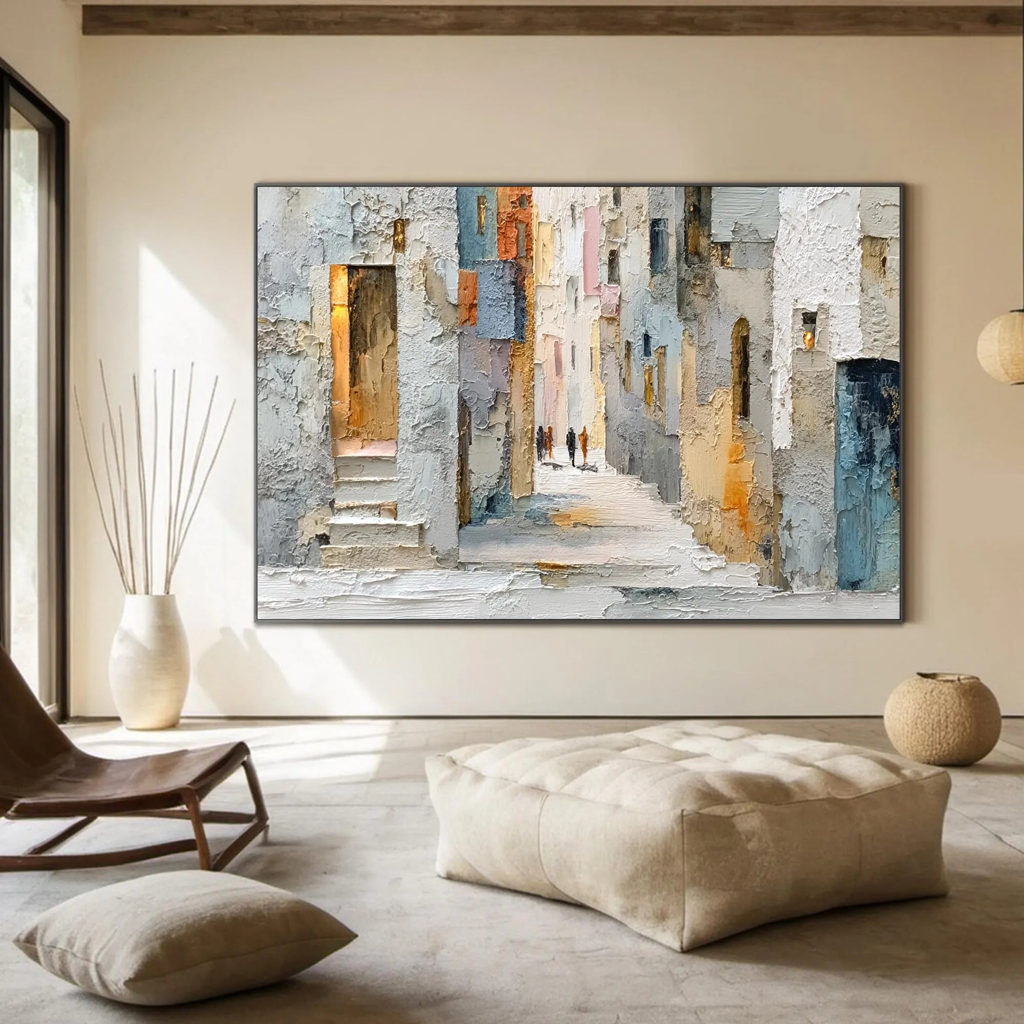 COBBLESTONE PATH: Cityscape Wall Art, Hand-Painted European Village Street Plaster Effect Palette Knife Textured Canvas Painting