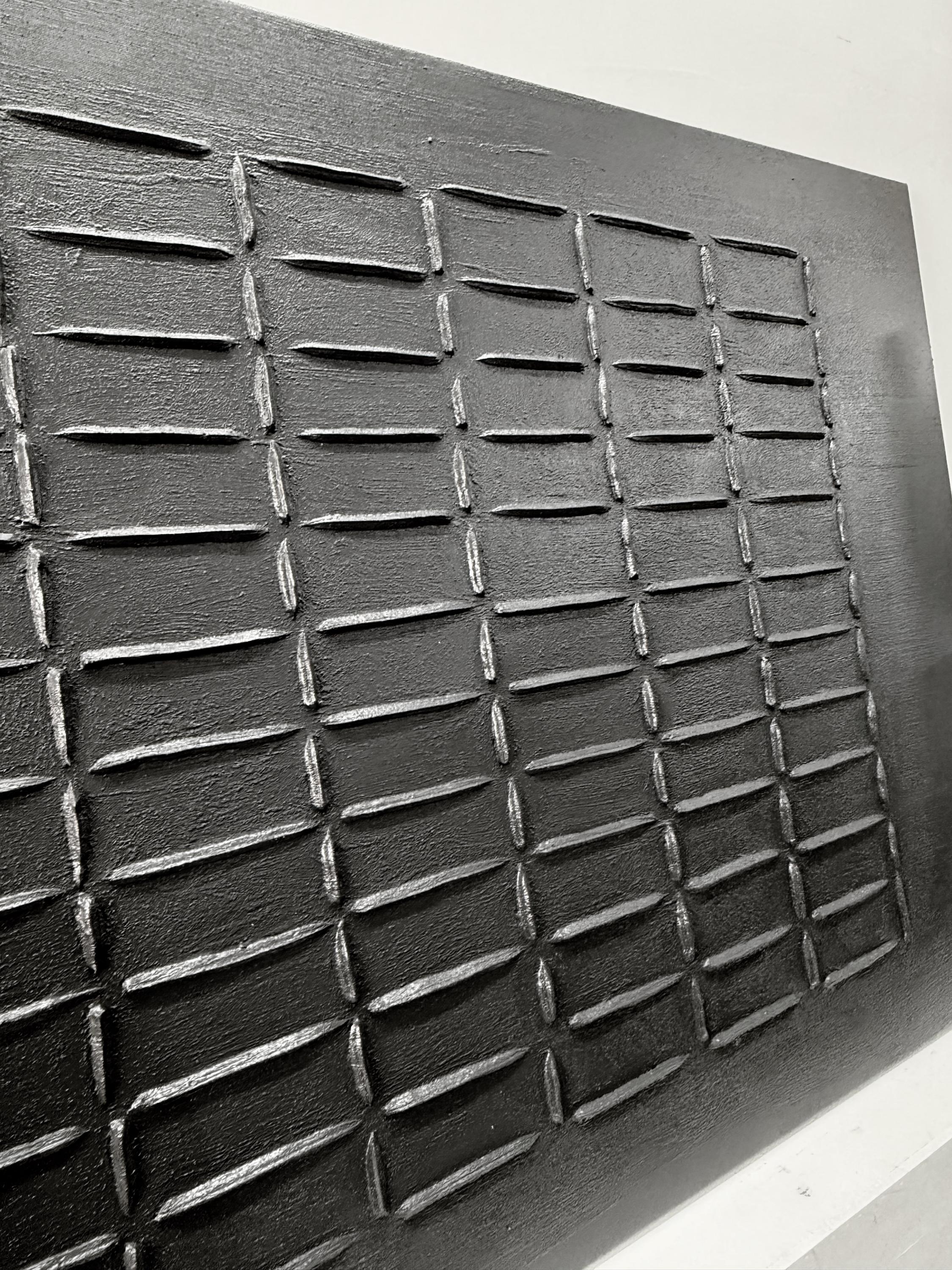 Onyx Grid – Modern Black Plaster Relief Abstract Wabi-Sabi Painting | Japandi Wabi-Sabi Living Room & Bedroom Art