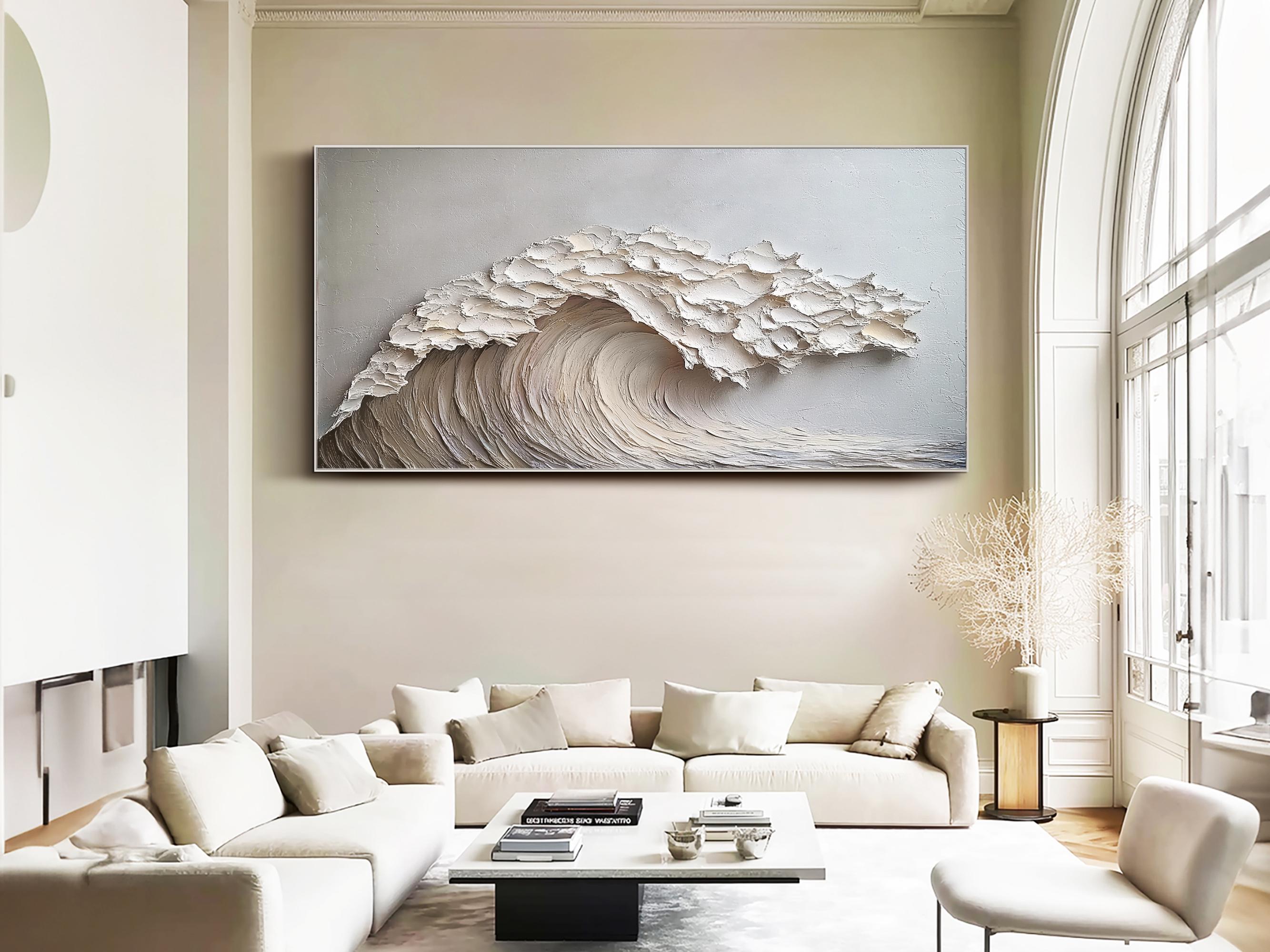 Snow Tide – Hand-Painted Minimalist White Ocean Wave 3D Plaster Relief Texture Painting | Coastal Modern Living Room & Bedroom Art