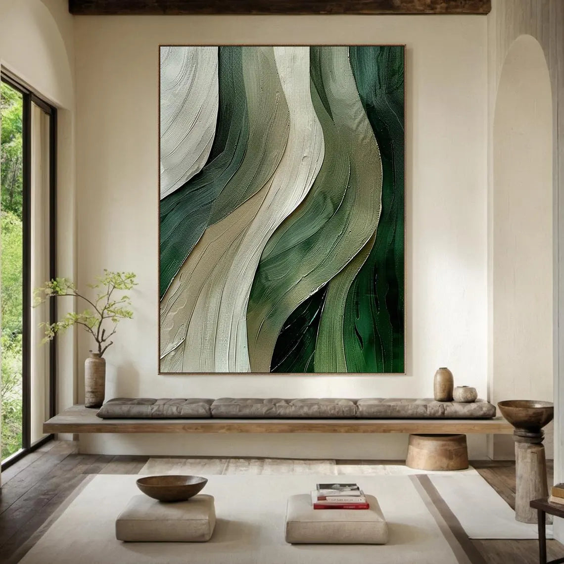 Emerald Tide – Hand-Painted Deep Green and Sage Wave Palette Knife Texture Painting | Modern Abstract Living Room & Office Art