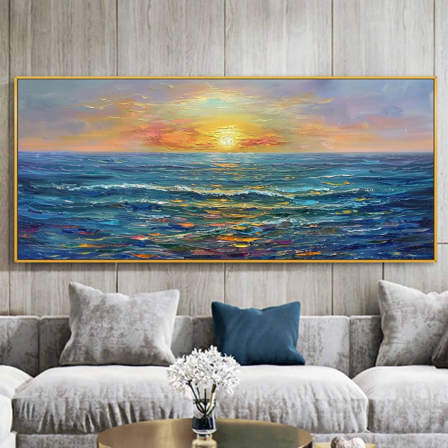 OCEAN REFLECTION: Texture Wall Art, Hand-Painted Horizontal Deep Blue Sea Sunset 3D Heavy Texture Palette Knife Gallery Art