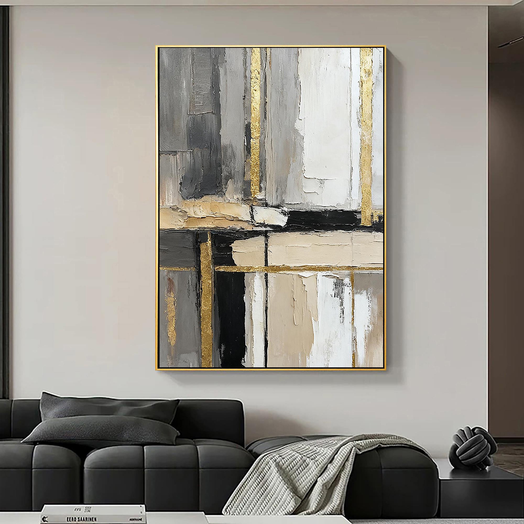 GOLDEN URBAN: Abstract Wall Art, Hand-Painted Minimalist Grey and Gold Foil Vertical Line 3D Textured Canvas Art