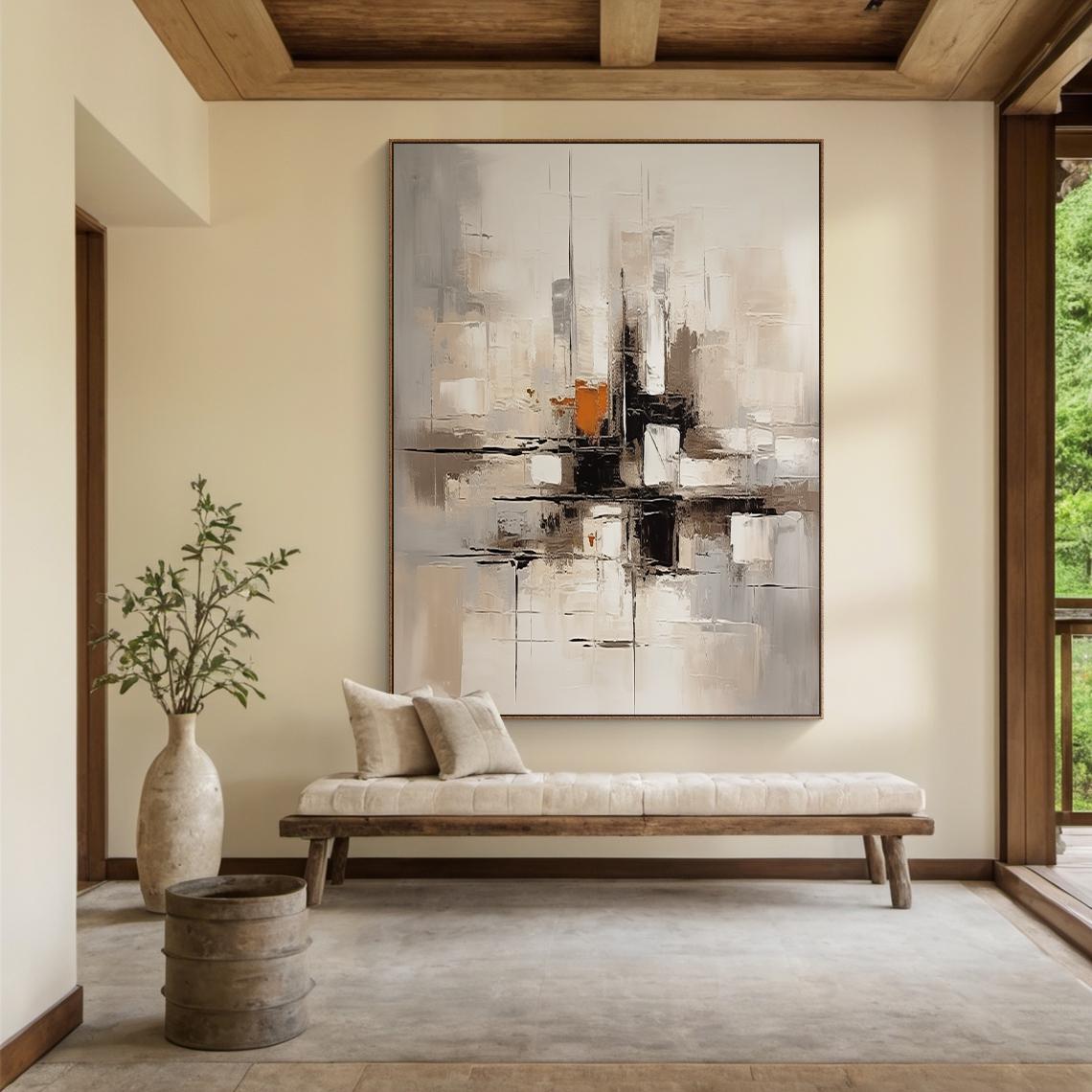 Urban Cross – Hand-Painted Industrial Grey Geometric Palette Knife Abstract Painting | Modern Abstract Living Room & Office Art