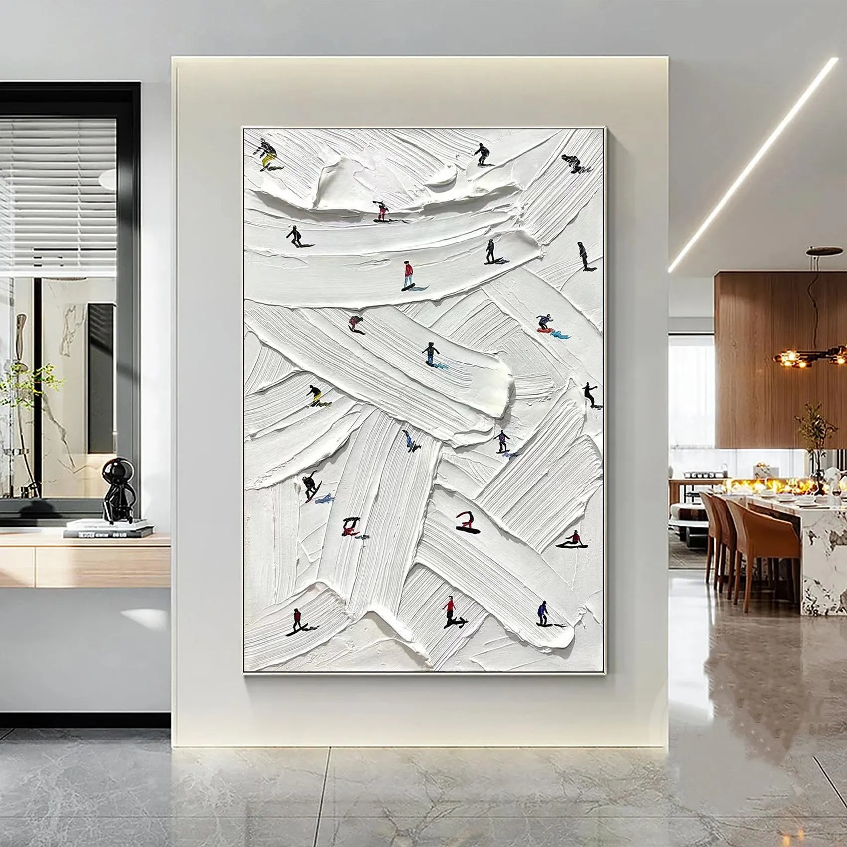 Winter Crossing – Hand-Painted Minimalist Skiing Athletes 3D Plaster Effect Sport Painting | Contemporary Sport Home Office & Living Room Art