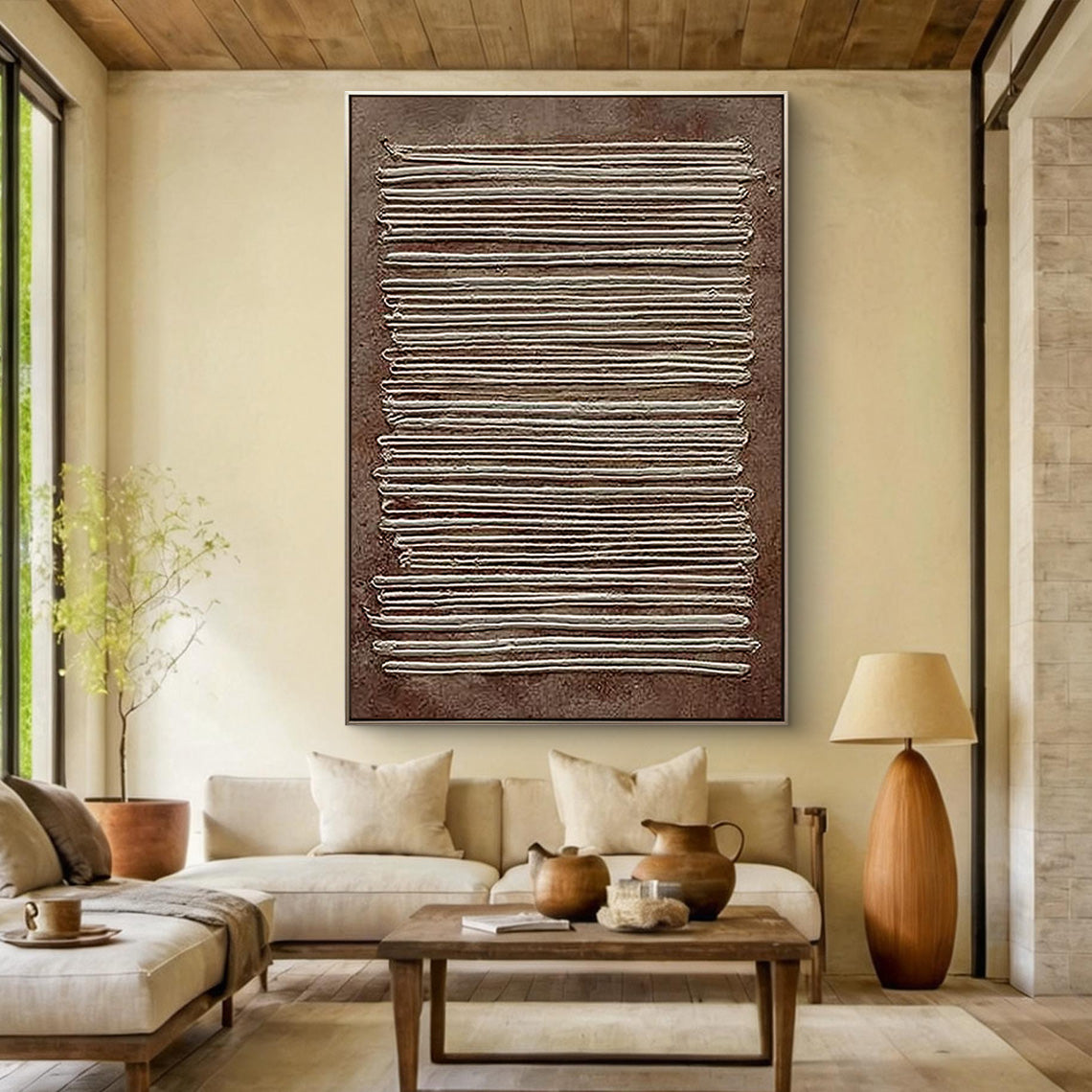 Earthen Linen – Modern Terracotta & White Plaster Relief Grid Wabi-Sabi Painting | Japandi Organic Wabi-Sabi Living Room & Hallway Art