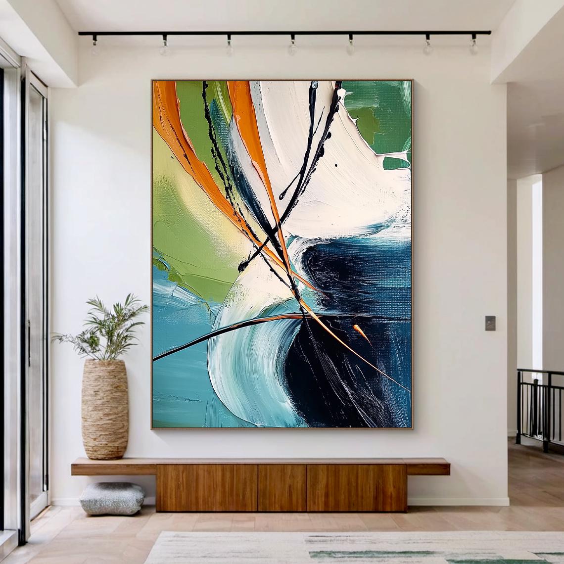 Urban Rhythm – Hand-Painted Modern Teal and Orange Large Brushstroke Abstract Painting | Modern Abstract Living Room & Office Art