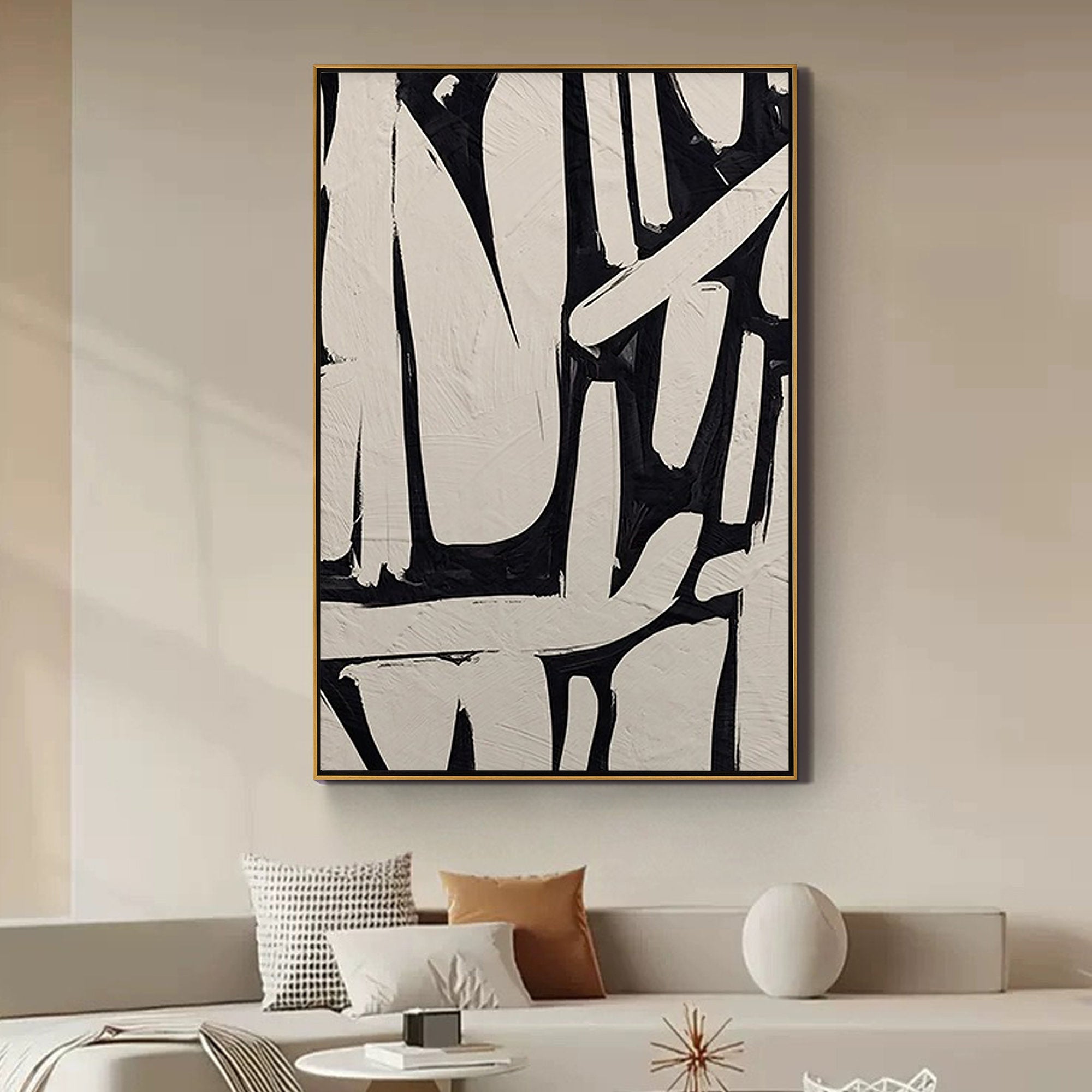 MONOCHROME TRACE: Wabi-Sabi Wall Art, Hand-Painted Black and Beige Palette Knife 3D Heavy Texture Studio Art